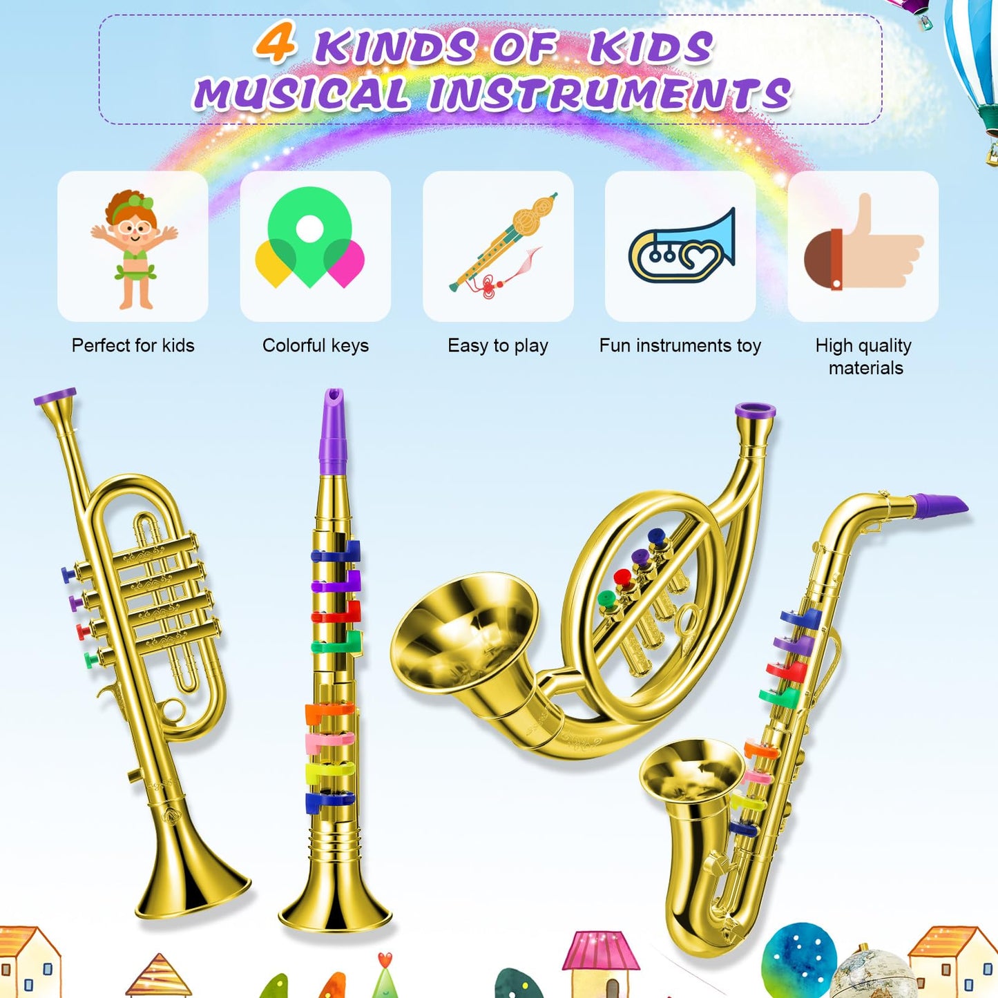 Treela 4-Piece Kids Instrument Set (Gold) – Toy Clarinet, Sax, Trumpet & Horn
