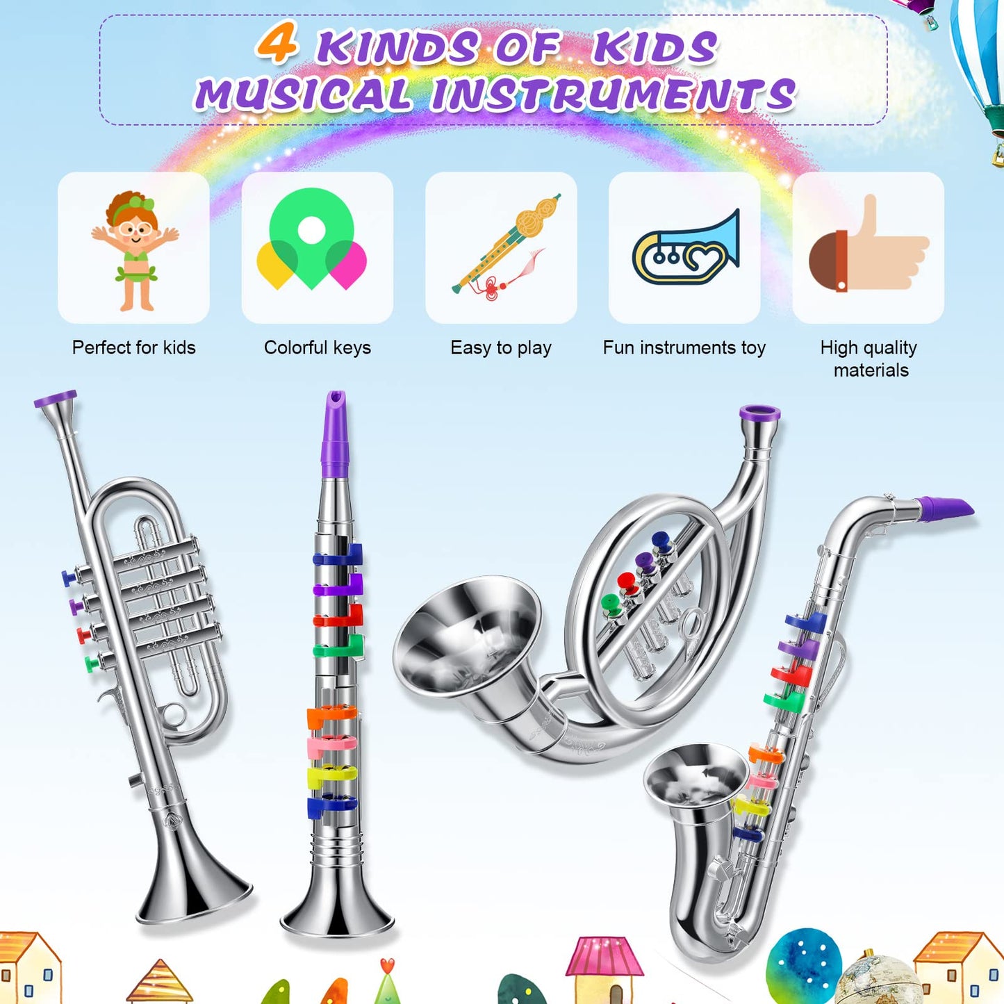 Treela 4-Piece Kids Toy Instrument Set – Clarinet, Sax, Trumpet & Horn (Silver)