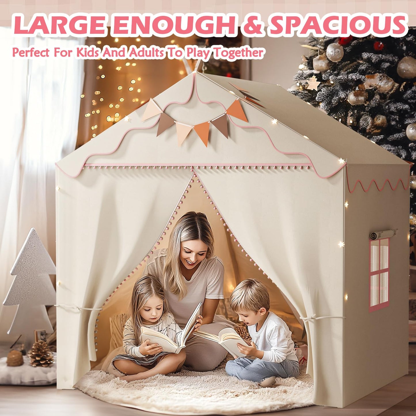 TreeStone 2-Door Kids Play Tent with Padded Mat & Light — Large Indoor/Outdoor Playhouse