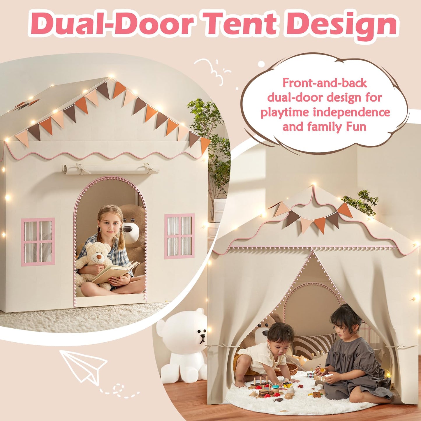 TreeStone 2-Door Kids Play Tent with Padded Mat & Light — Large Indoor/Outdoor Playhouse