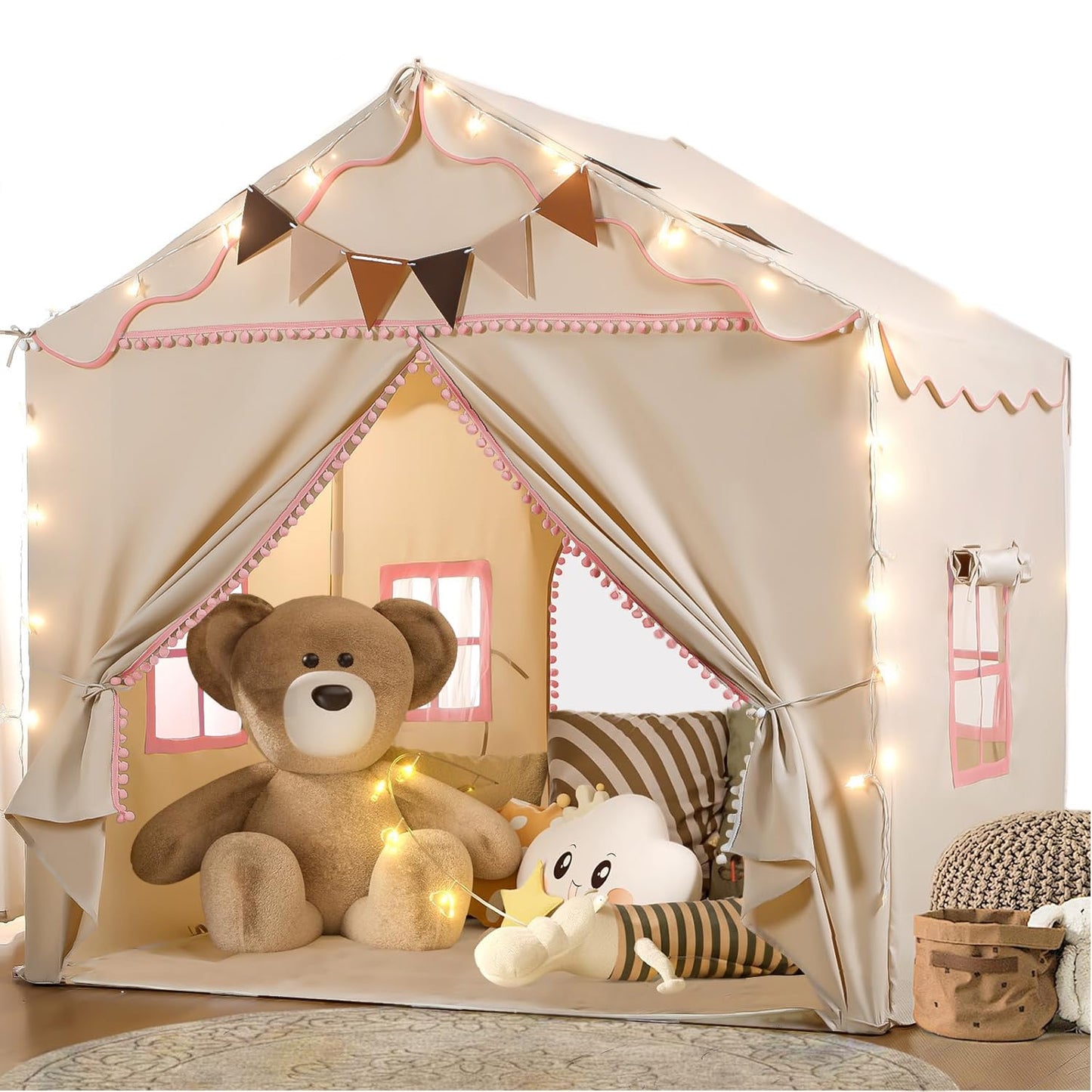 TreeStone 2-Door Kids Play Tent with Padded Mat & Light — Large Indoor/Outdoor Playhouse