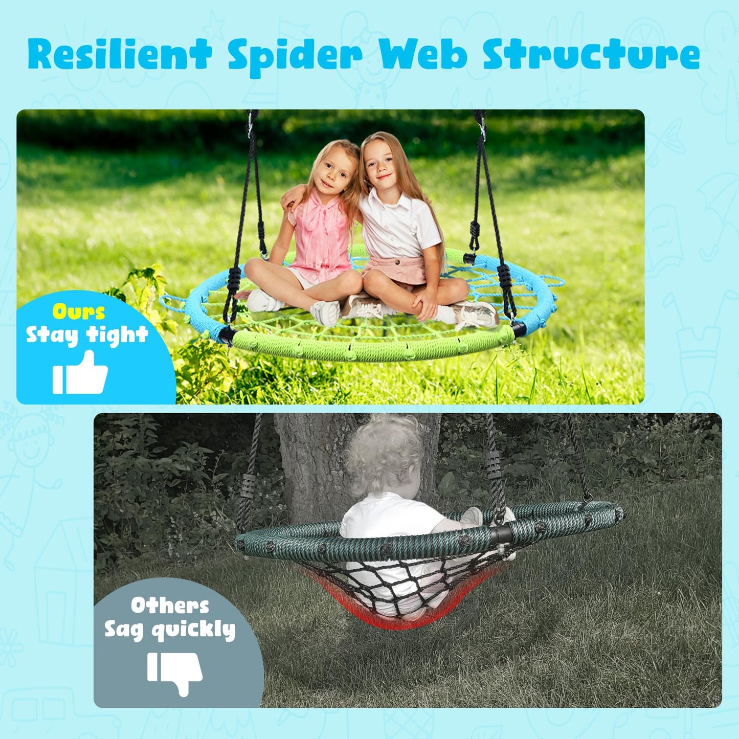 Trekassy 750lbs Spider Web Saucer Swing - 40-inch Steel Frame, Outdoor Net Swing with Straps (Blue & Green)
