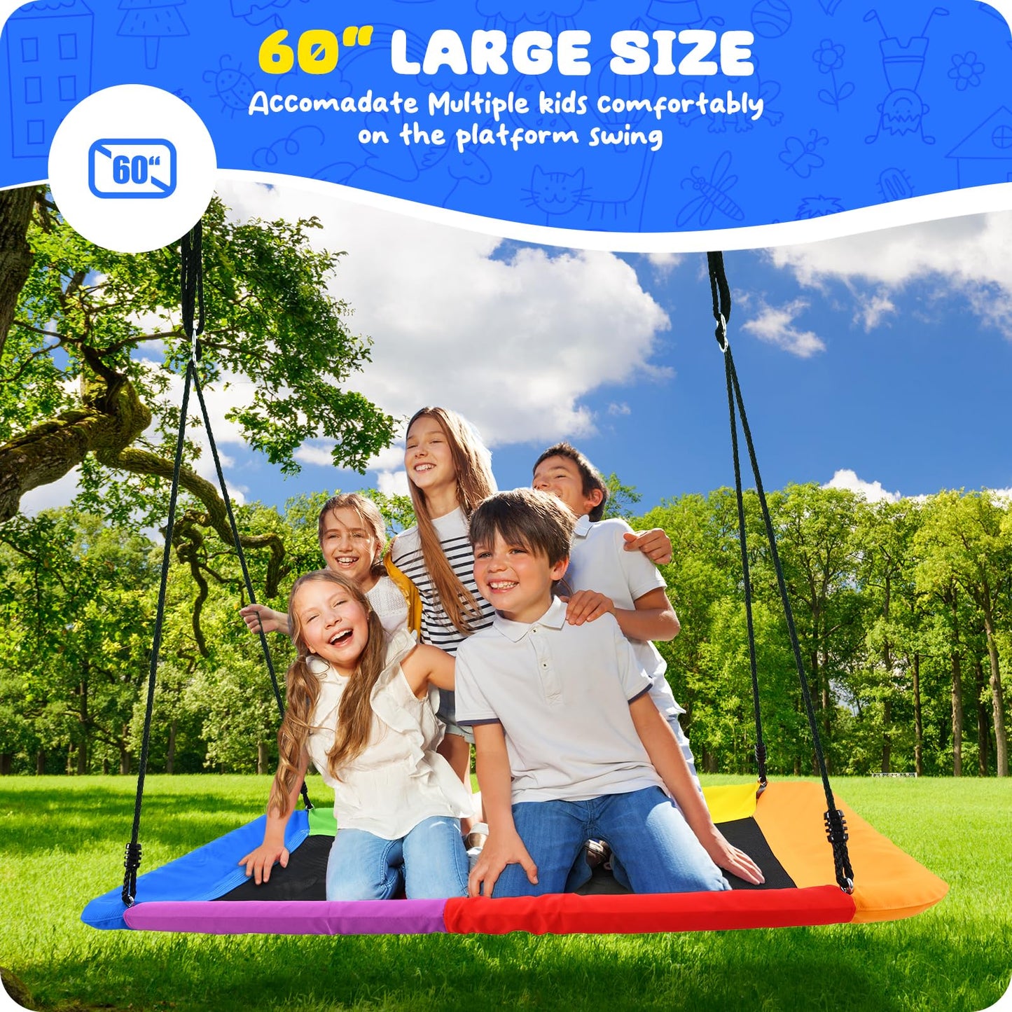 Trekassy 60-Inch Rectangle Platform Tree Swing – 700 lb Capacity, All-Weather Outdoor Swing for Kids & Adults (Rainbow)