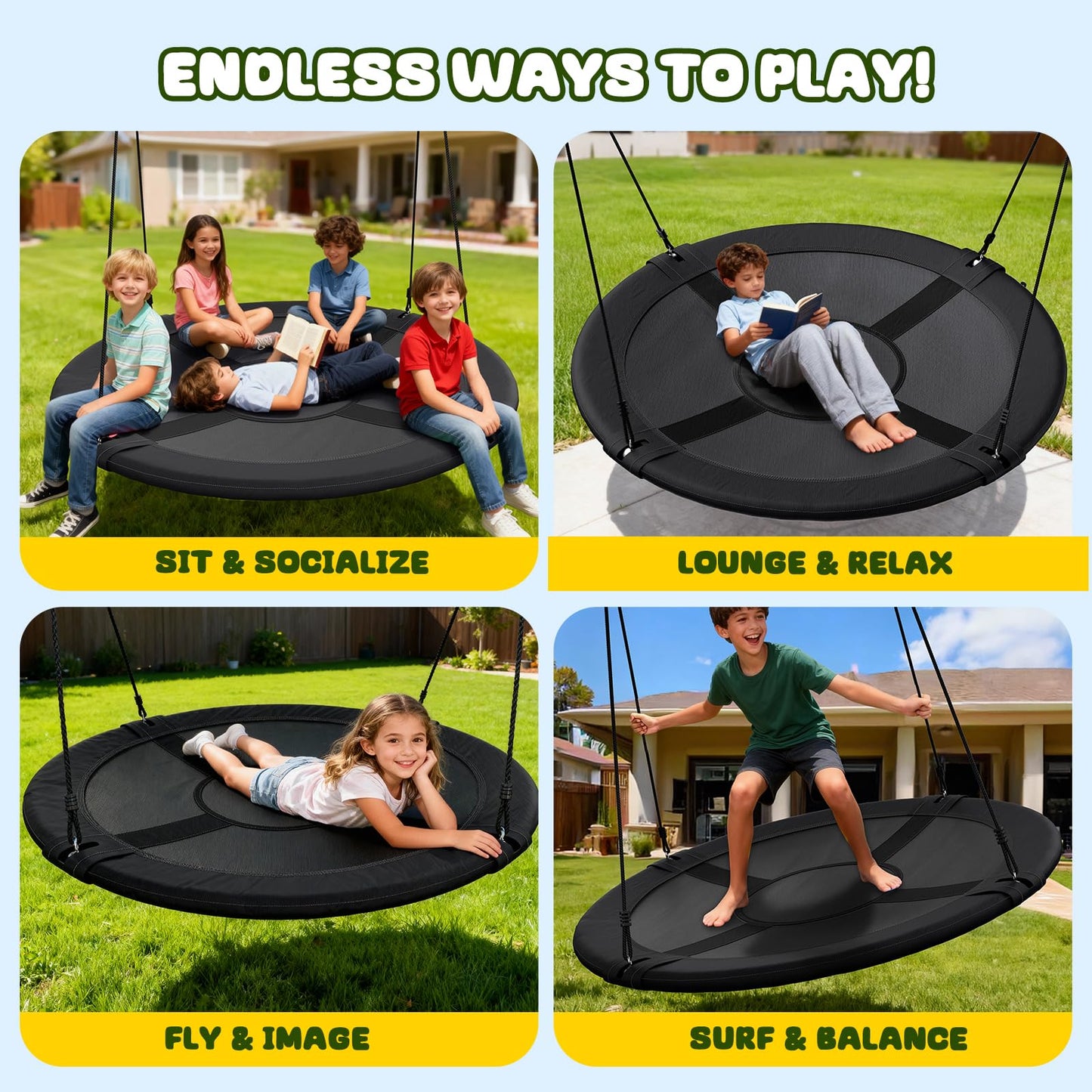 Trekassy 60-inch Large Saucer Swing for Kids and Adults – 900D Oxford Waterproof with 2 Straps