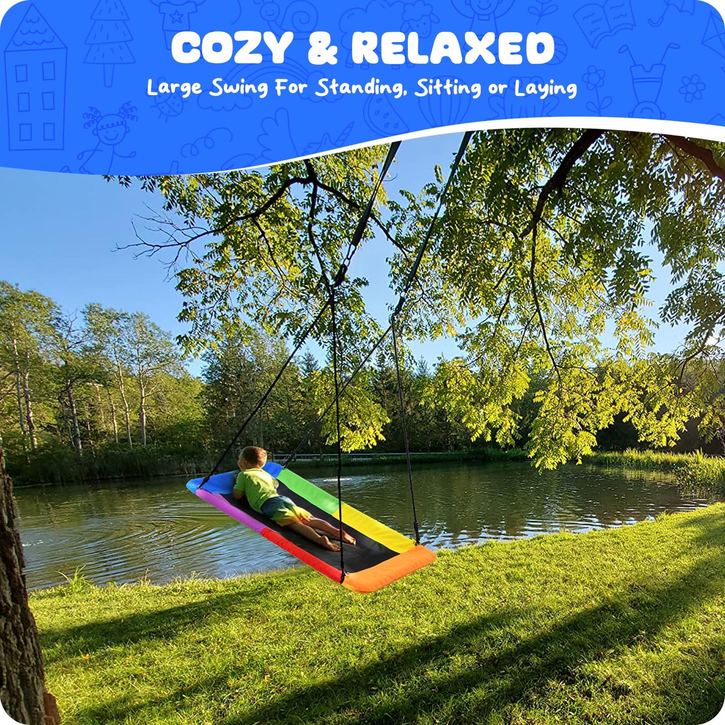 Trekassy 60-Inch Rectangle Platform Tree Swing – 700 lb Capacity, All-Weather Outdoor Swing for Kids & Adults (Rainbow)