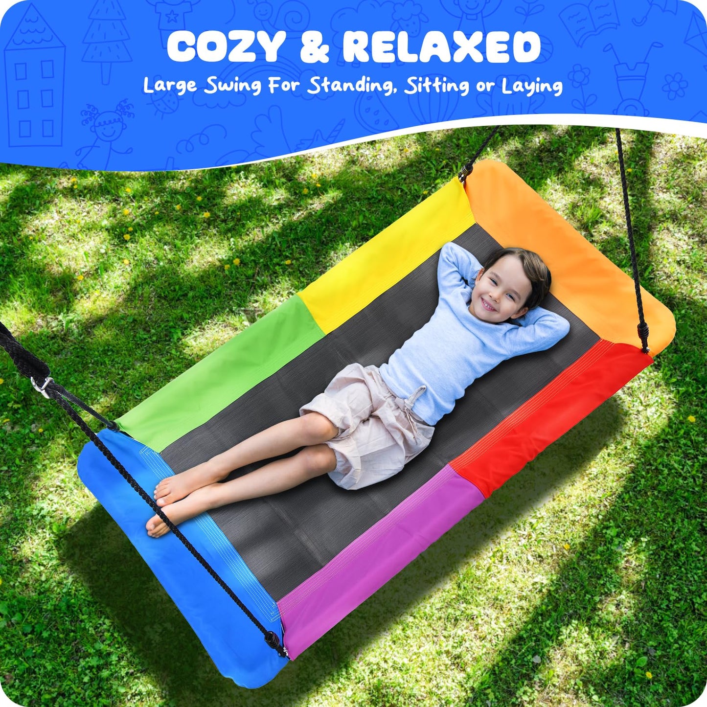 Trekassy 60-Inch Rectangle Platform Tree Swing – 700 lb Capacity, All-Weather Outdoor Swing for Kids & Adults (Rainbow)