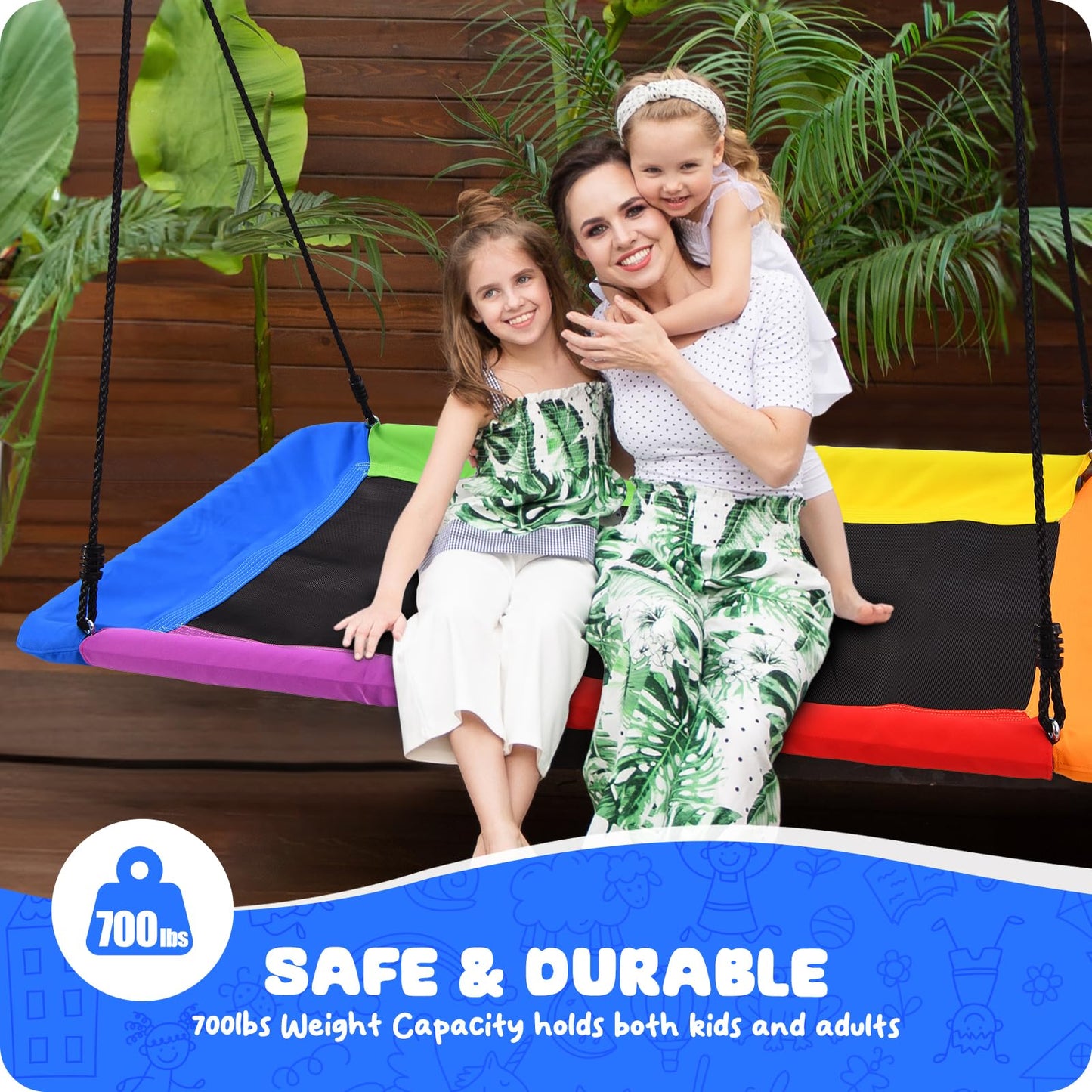 Trekassy 60-Inch Rectangle Platform Tree Swing – 700 lb Capacity, All-Weather Outdoor Swing for Kids & Adults (Rainbow)