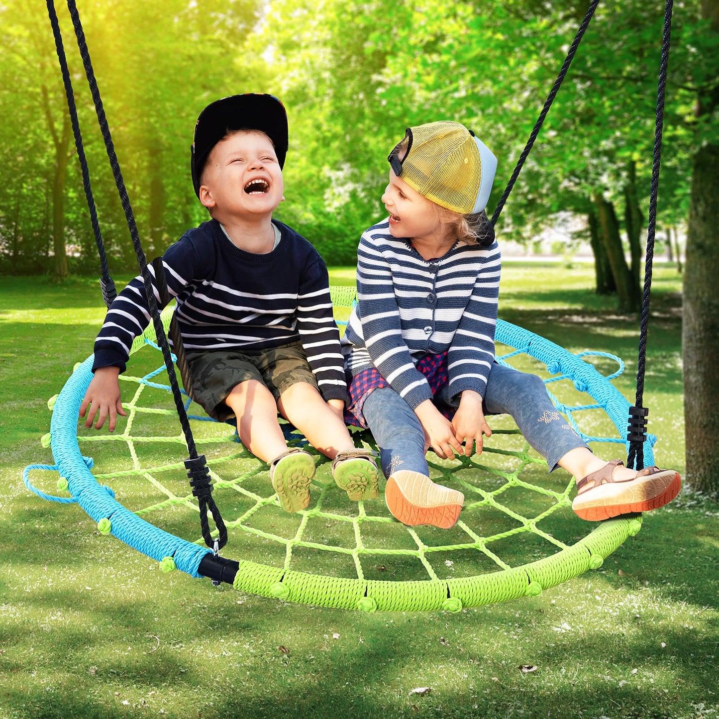Trekassy 750lbs Spider Web Saucer Swing - 40-inch Steel Frame, Outdoor Net Swing with Straps (Blue & Green)