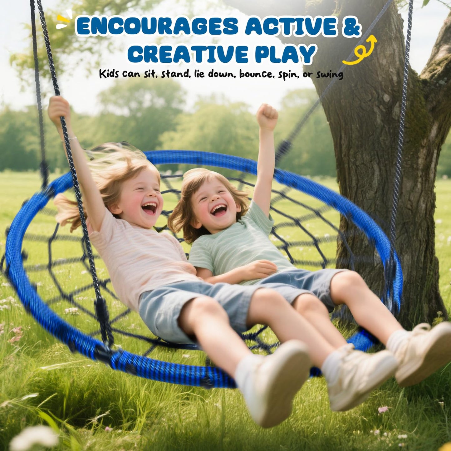Trekassy 750lbs 40-inch Spider Web Saucer Tree Swing – Outdoor Net Swing with Steel Frame & 2 Straps (Blue)