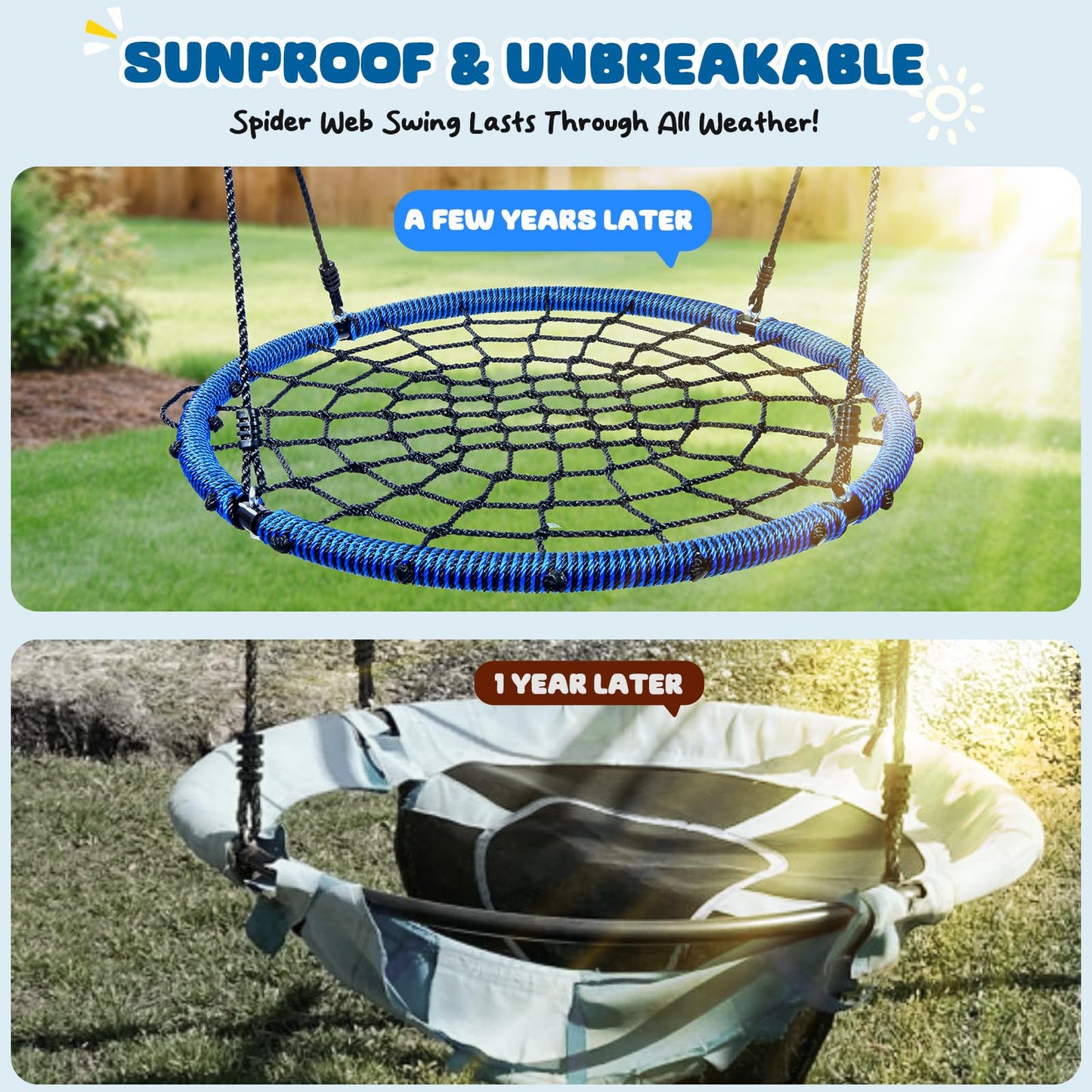 Trekassy 750lbs 40-inch Spider Web Saucer Tree Swing – Outdoor Net Swing with Steel Frame & 2 Straps (Blue)