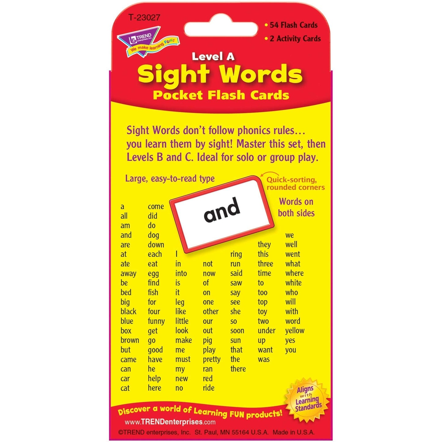 Trend Enterprises Sight Words Level A Pocket Flash Cards – 56 Two-Sided Cards, 108 Common Words, Ages 4+