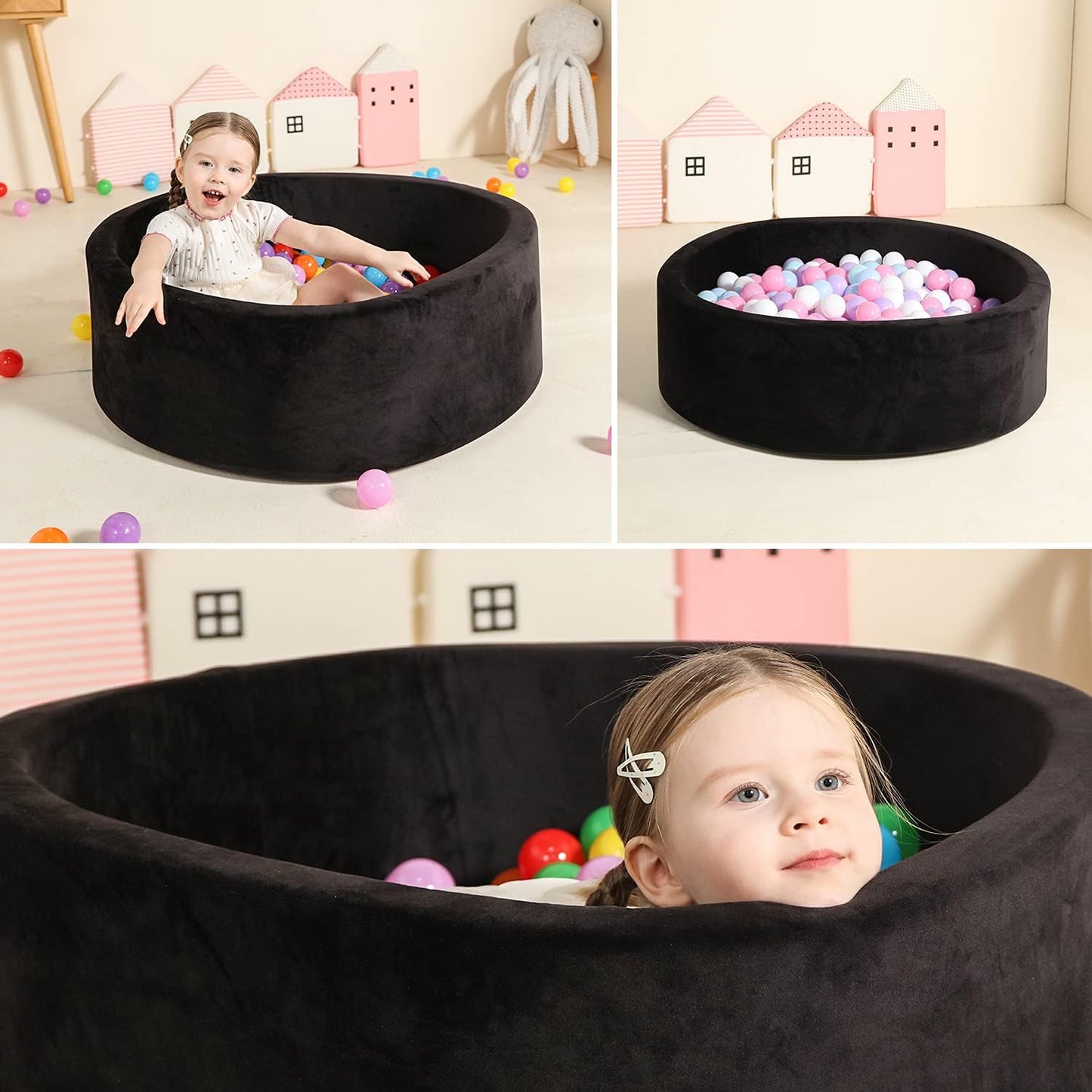TRENDBOX Foam Ball Pit for Toddlers — 35x11 in Velvet-Cover Play Space (Balls Not Included) – Black