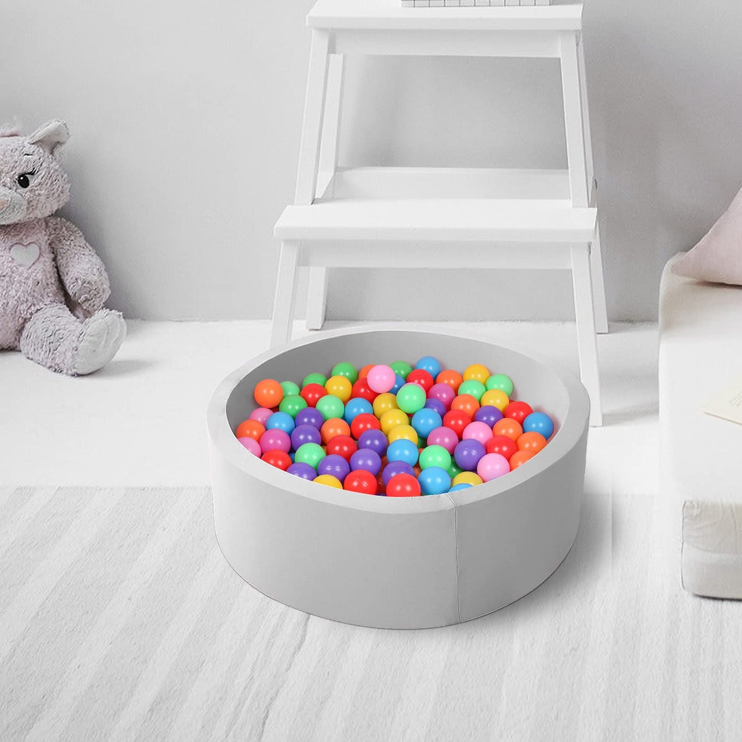 TRENDBOX Small Memory Foam Ball Pit – 27-inch Indoor Round Ball Pit for Toddlers, Light Gray