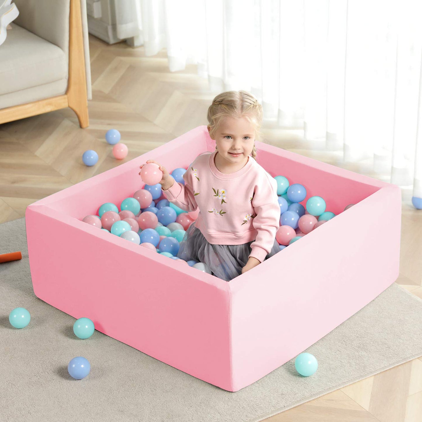 TRENDBOX Ball Pit 35.4x35.4x13.8in Memory Foam – Soft Pink Play Space
