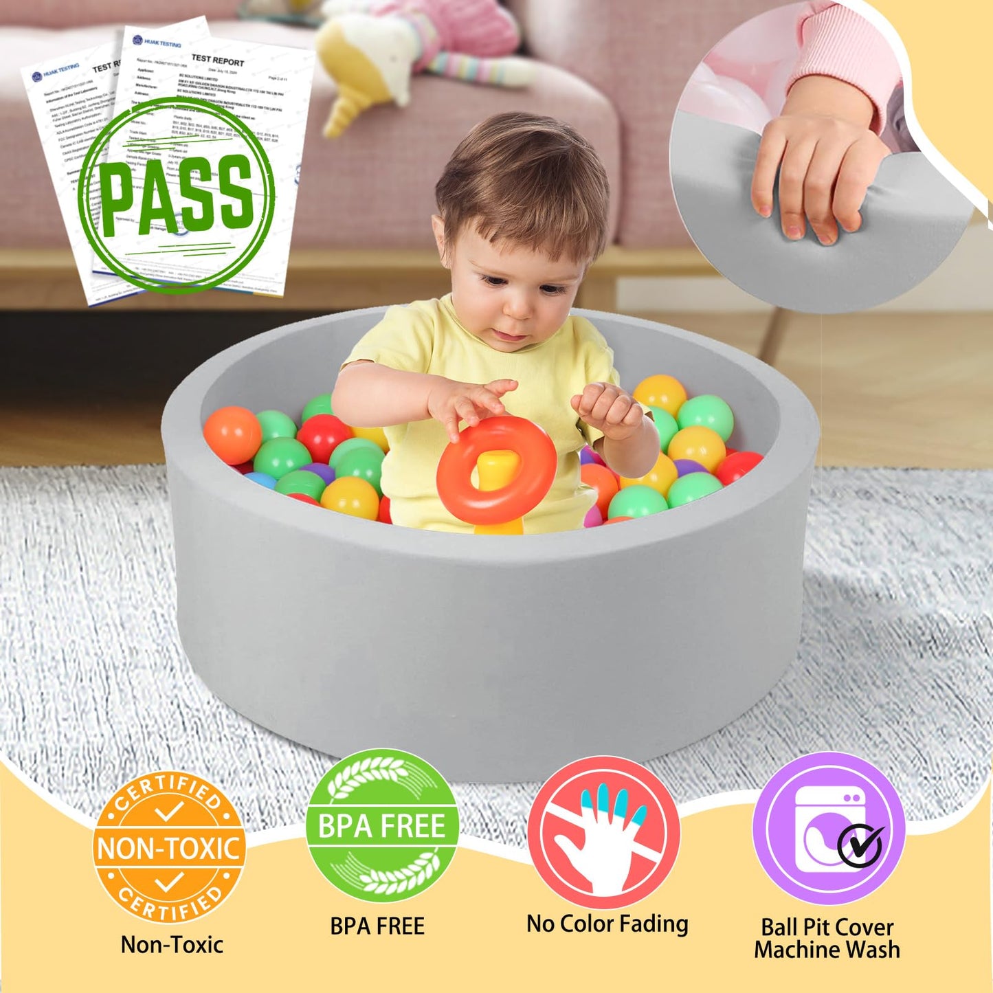 TRENDBOX Small Memory Foam Ball Pit – 27-inch Indoor Round Ball Pit for Toddlers, Light Gray