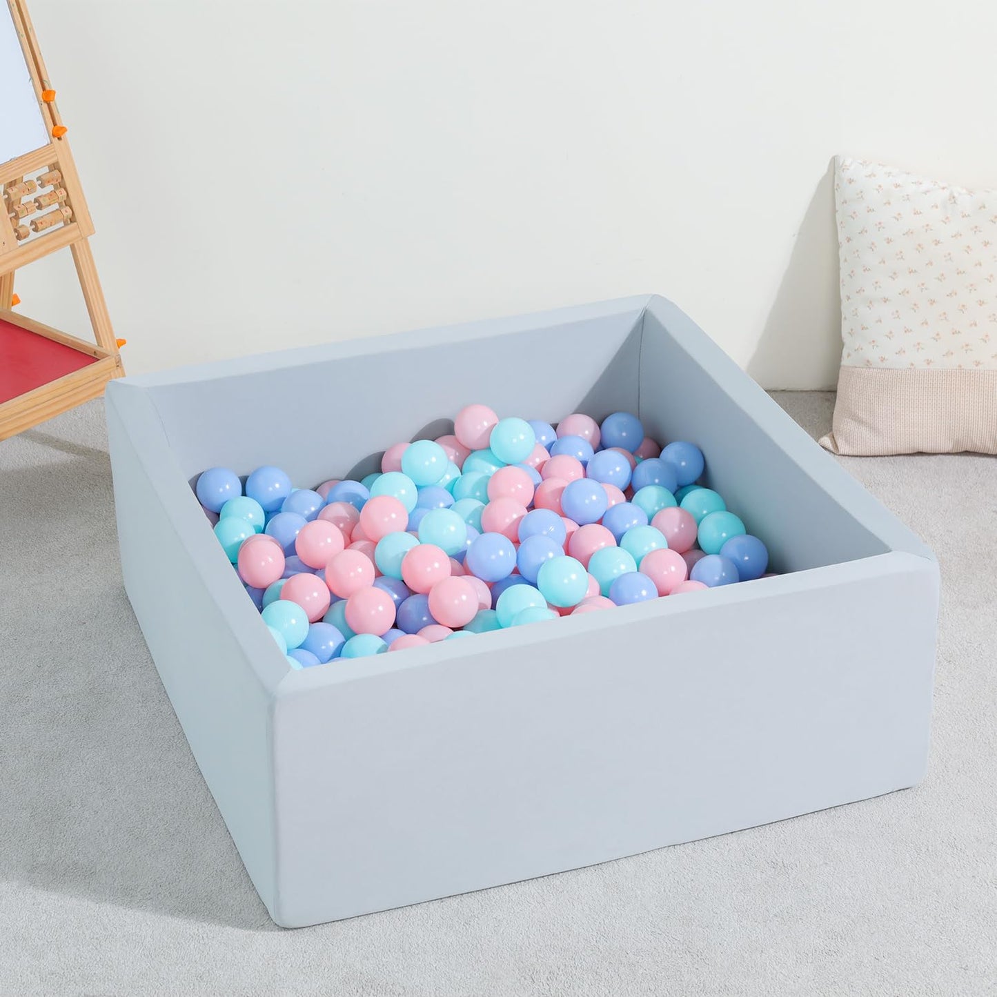 TrendBox Ball Pit Memory Foam Square 35.4x35.4x13.8 in – Cozy Safe Toddler Play Space (Light Gray)