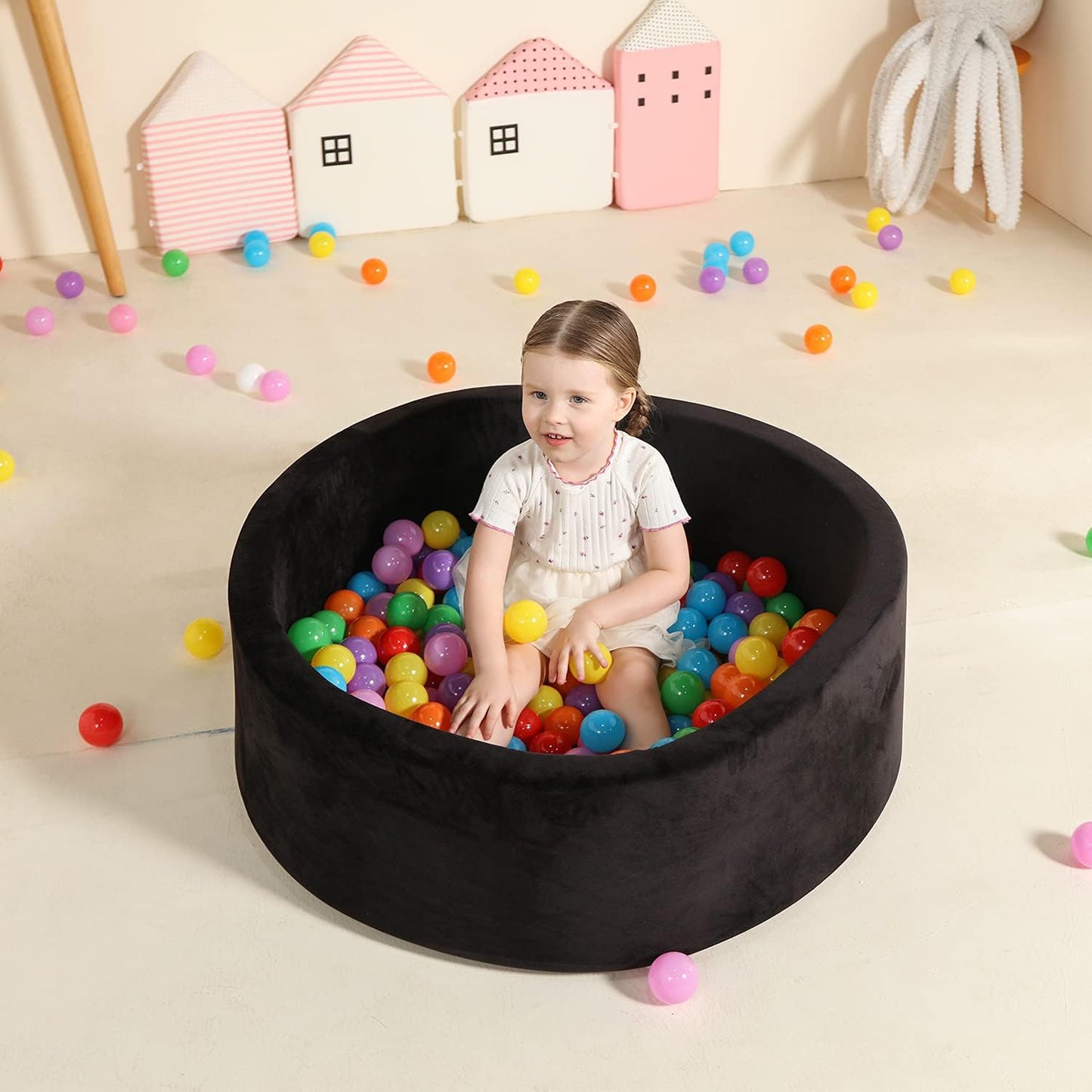 TRENDBOX Foam Ball Pit for Toddlers — 35x11 in Velvet-Cover Play Space (Balls Not Included) – Black