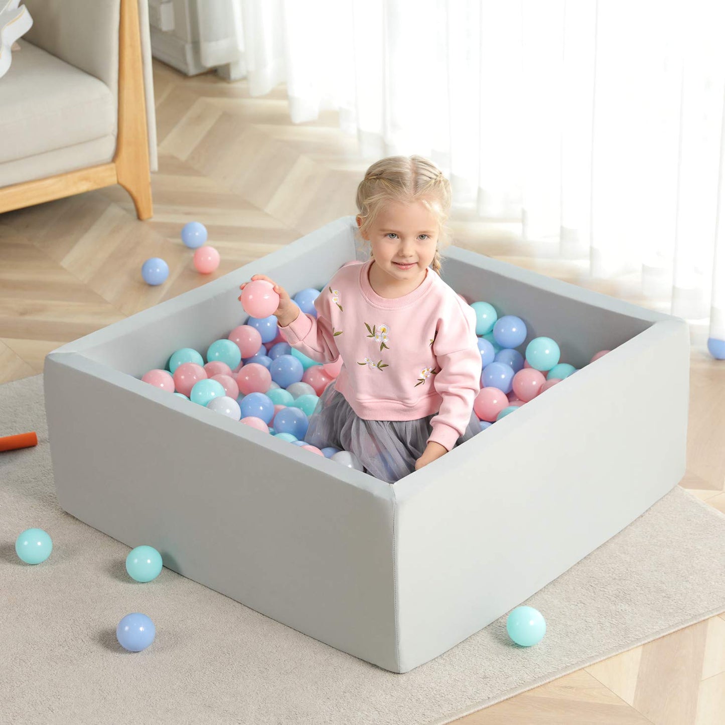 TrendBox Ball Pit Memory Foam Square 35.4x35.4x13.8 in – Cozy Safe Toddler Play Space (Light Gray)