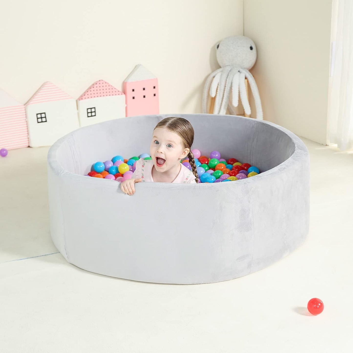TrendBox Extra Large Foam Ball Pit for Toddlers - 47 x 14 in, Velvet Cover (Balls Not Included) - Grey