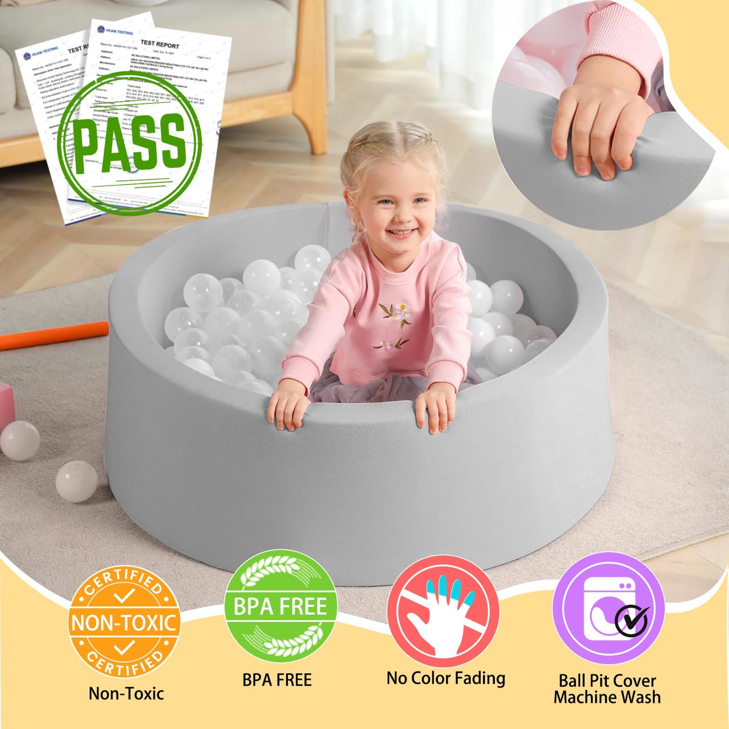 TRENDBOX Foam Ball Pit - 35.4in Diameter, Light Gray, Indoor/Outdoor Soft Ball Pool for Babies & Kids (No Balls)