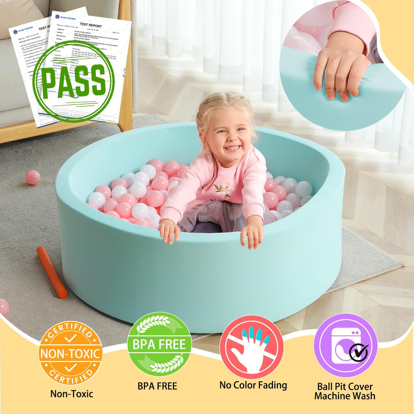 TrendBox Memory Foam Sponge Ball Pit for Toddlers — Indoor Round Play Space, Light Blue (No Balls)