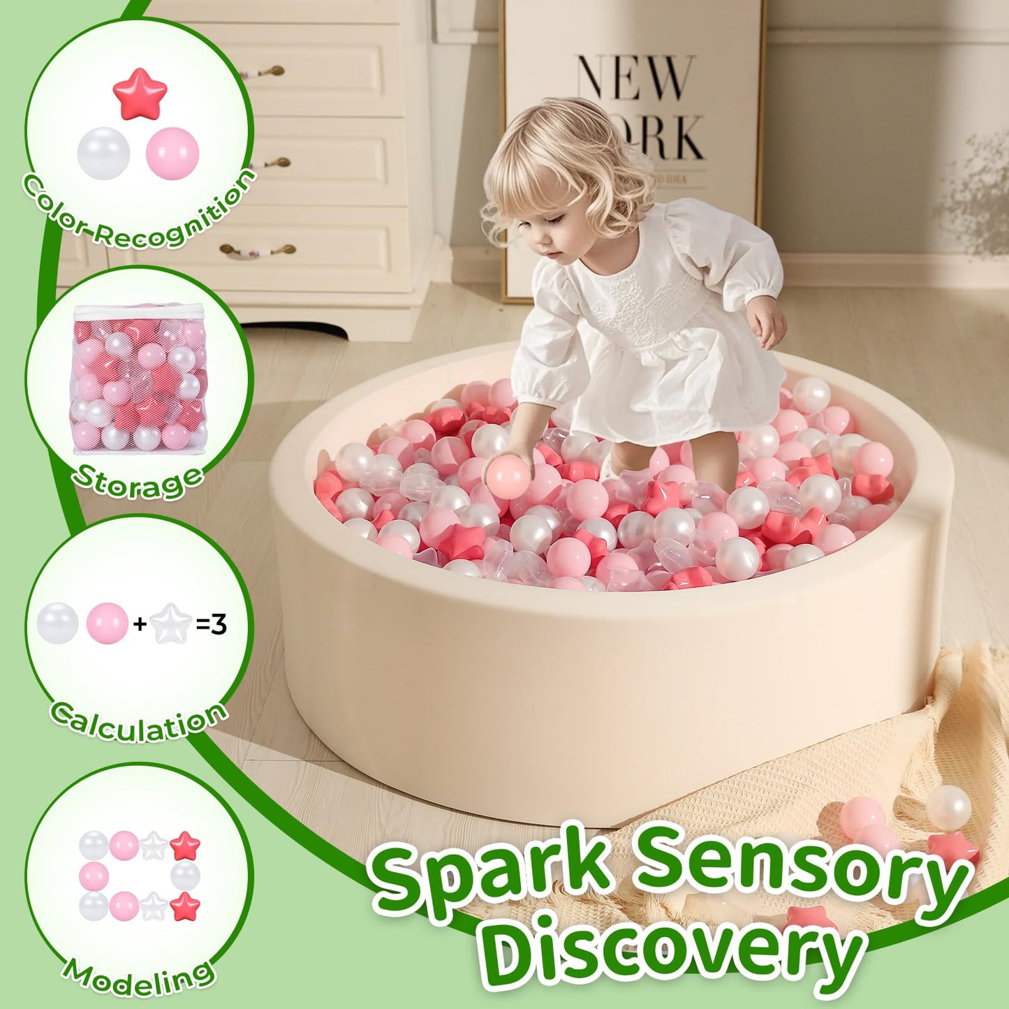 TRENDPLAY Star Ball Pit Balls 200 for Toddlers – Pink Star Balls (Cream & Pearl White)