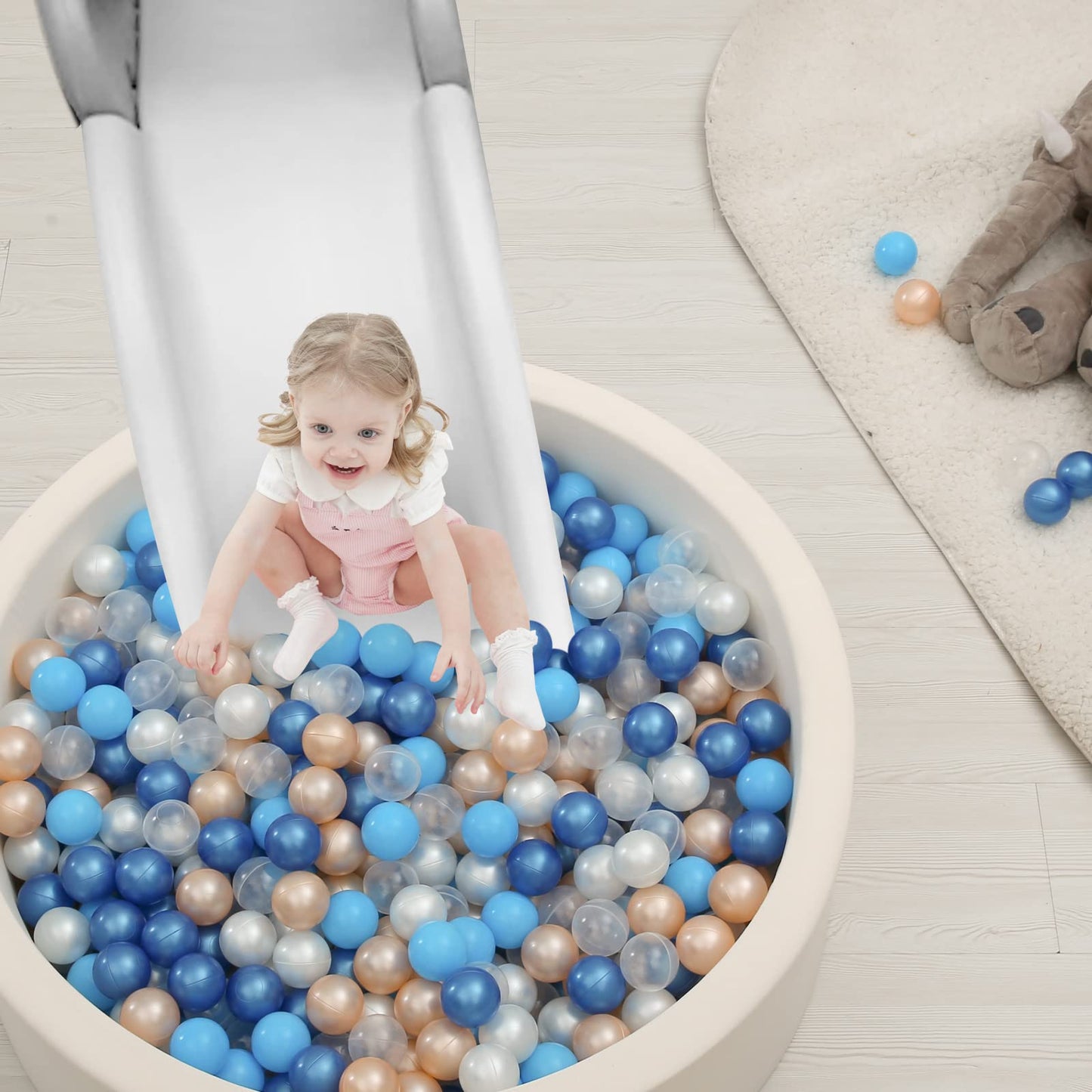 TRENDPLAY 100-Pack Plastic Ball Pit Balls – Safe, Colorful Hollow Balls for Toddler Play (Pearl Blue, Gold & Clear)