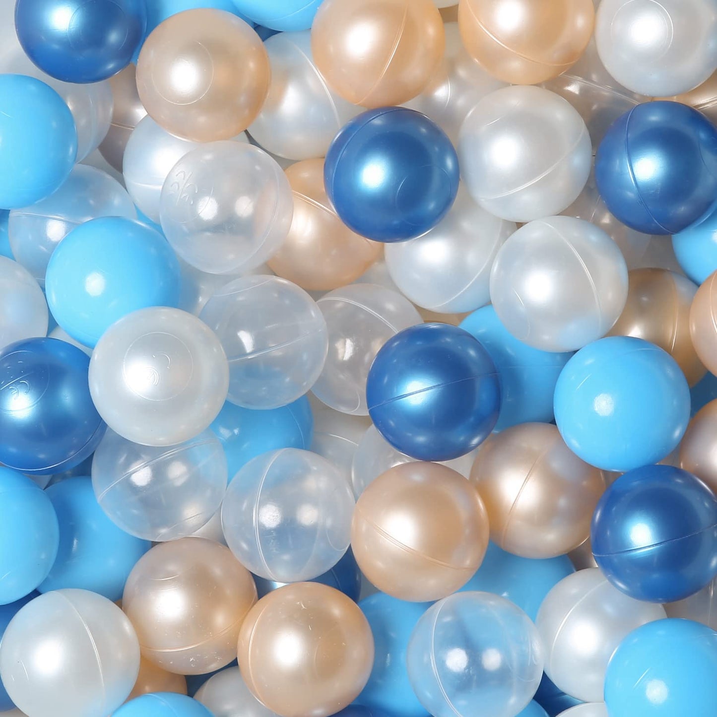 TRENDPLAY 100-Pack Plastic Ball Pit Balls – Safe, Colorful Hollow Balls for Toddler Play (Pearl Blue, Gold & Clear)
