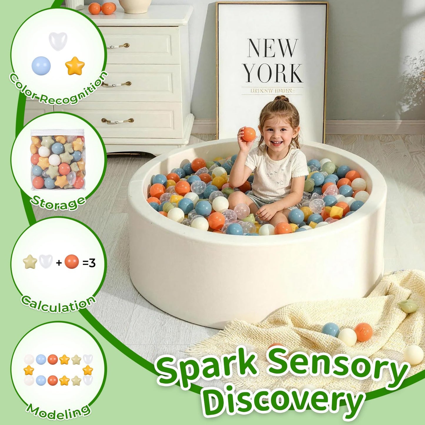 TRENDPLAY Ball Pit Balls – 100 Count Stars & Hearts, 2.5in Stars / 2.2in Balls, Cream Yellow Orange Blue Sage