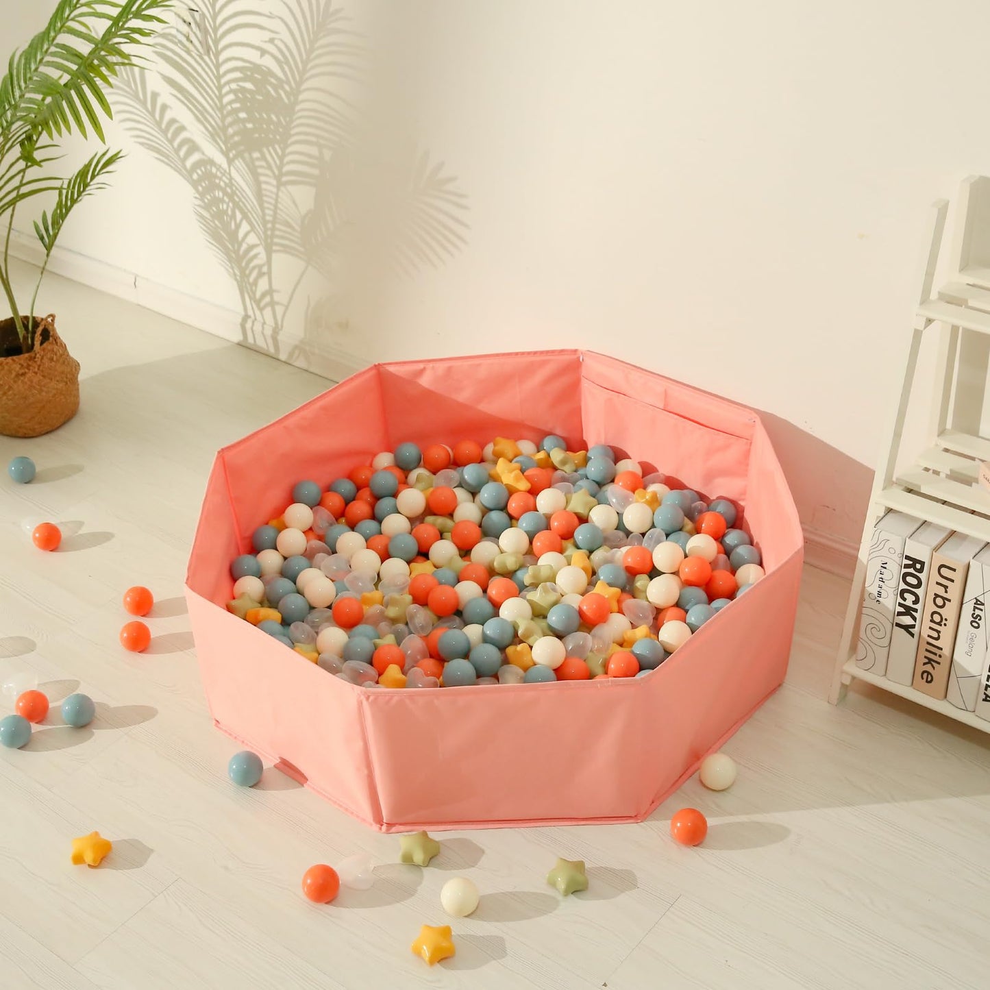 TRENDPLAY Ball Pit Balls – 100 Count Stars & Hearts, 2.5in Stars / 2.2in Balls, Cream Yellow Orange Blue Sage