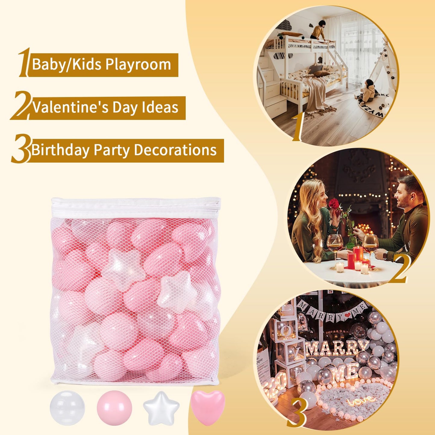 TRENDPLAY Ball Pit Balls – 100 Count, Star & Heart Shapes, Pink/Light Pink/Pearl White/Clear