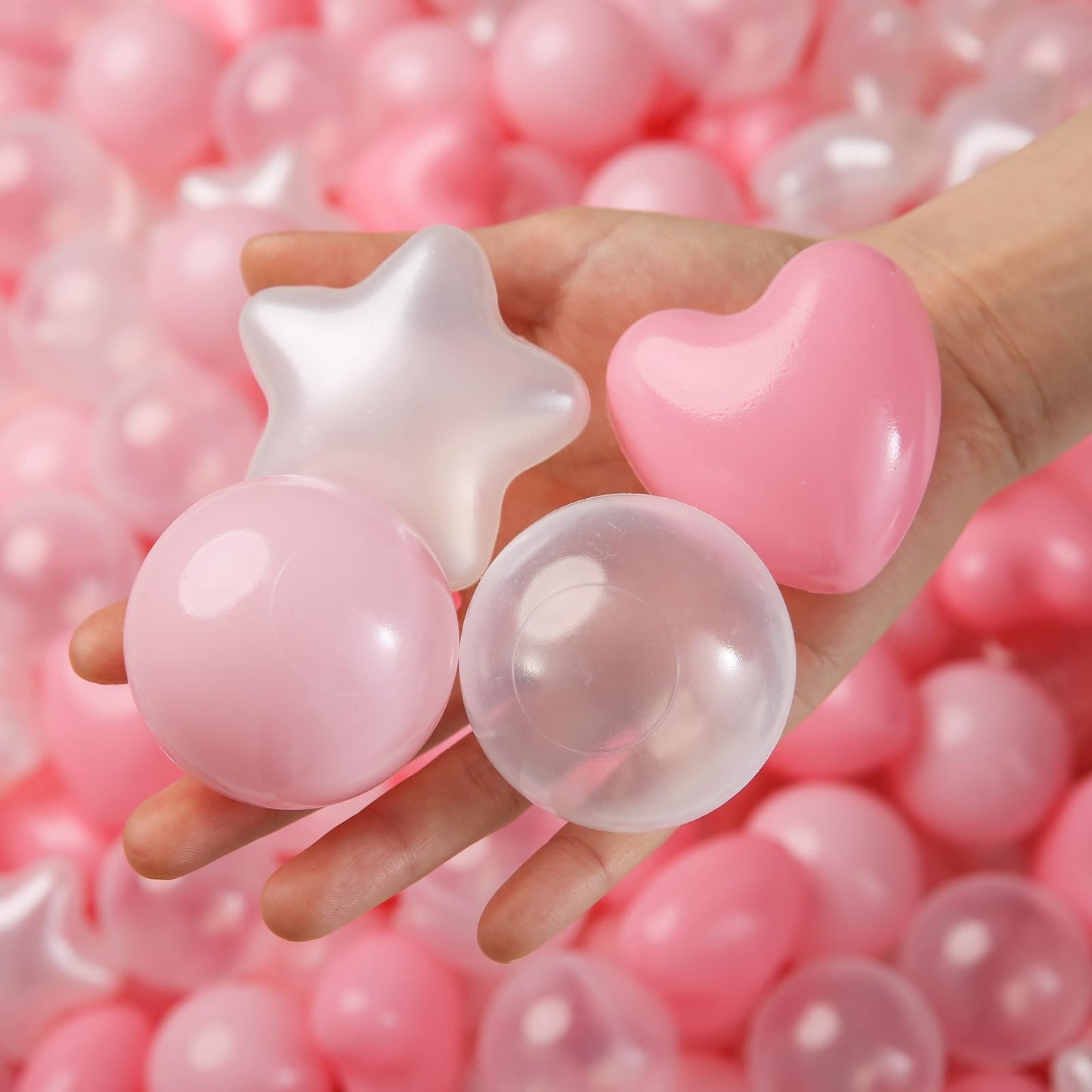 TRENDPLAY Ball Pit Balls – 100 Count, Star & Heart Shapes, Pink/Light Pink/Pearl White/Clear