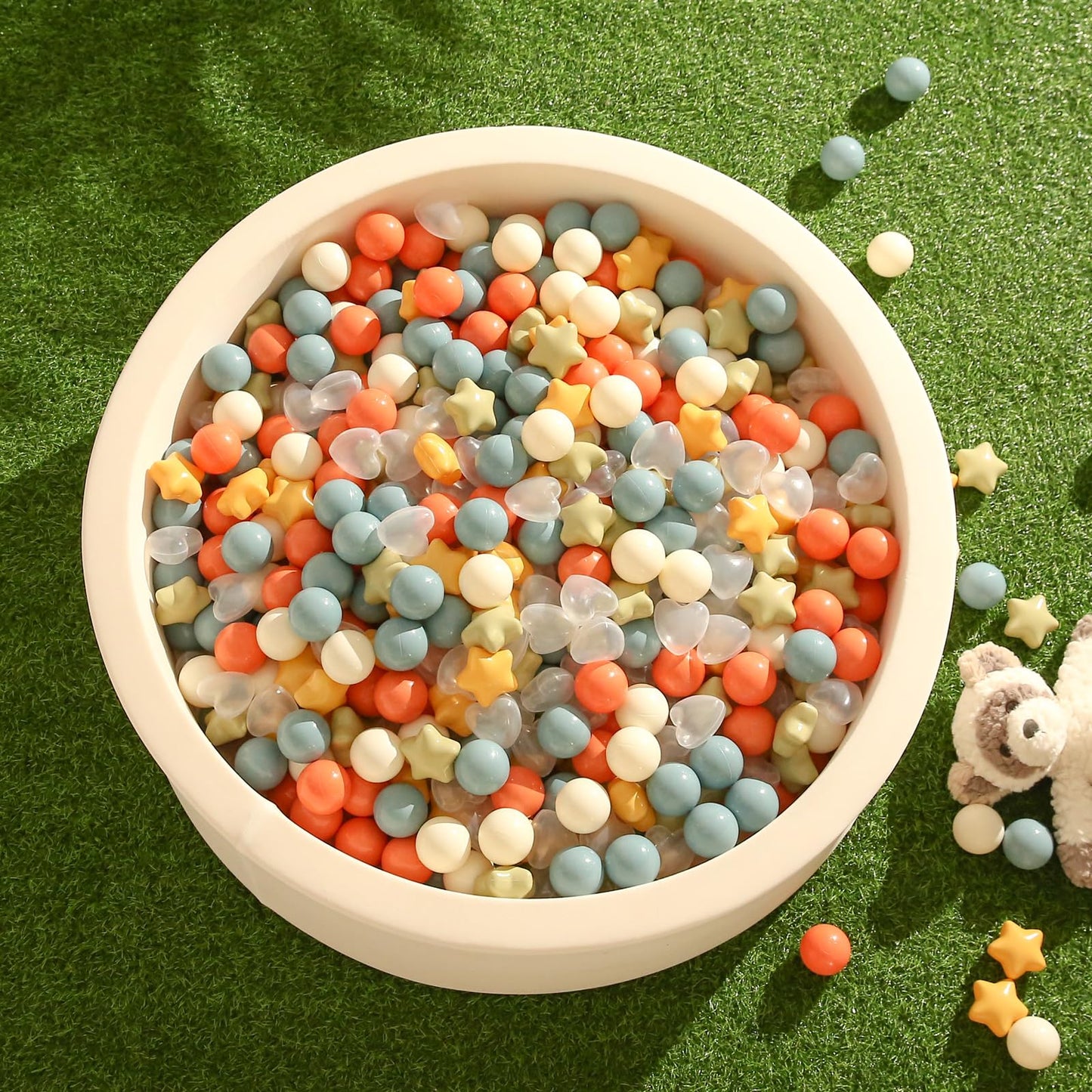 TRENDPLAY Ball Pit Balls – 100 Count Stars & Hearts, 2.5in Stars / 2.2in Balls, Cream Yellow Orange Blue Sage
