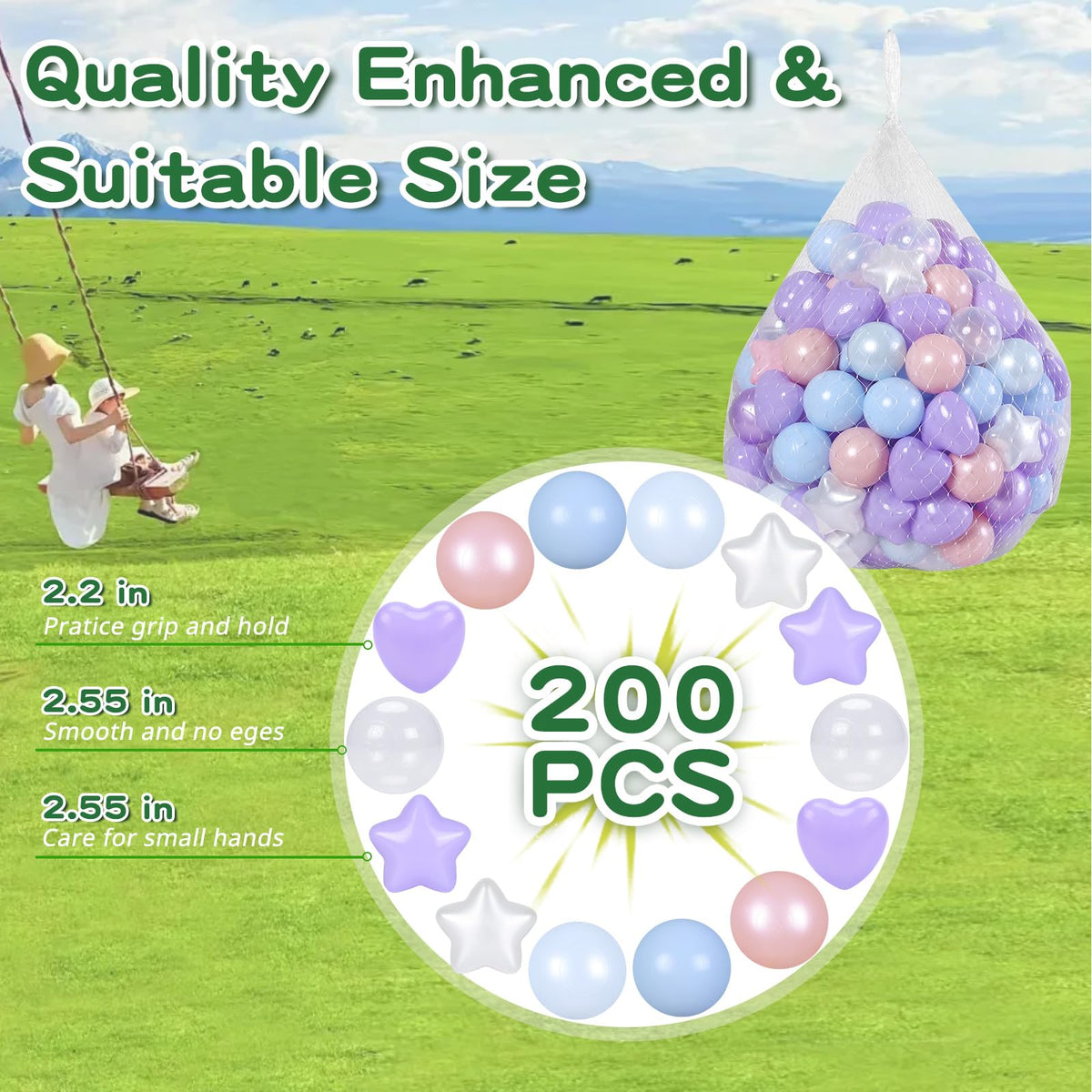 TRENDPLAY Ball Pit Balls – Stars & Hearts (200 Count) for Toddlers | Blue Pink Purple White