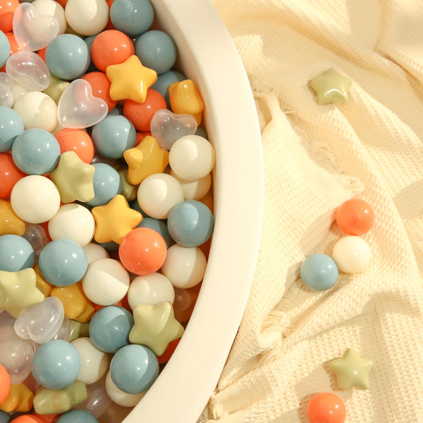 TRENDPLAY Ball Pit Balls – 100 Count Stars & Hearts, 2.5in Stars / 2.2in Balls, Cream Yellow Orange Blue Sage