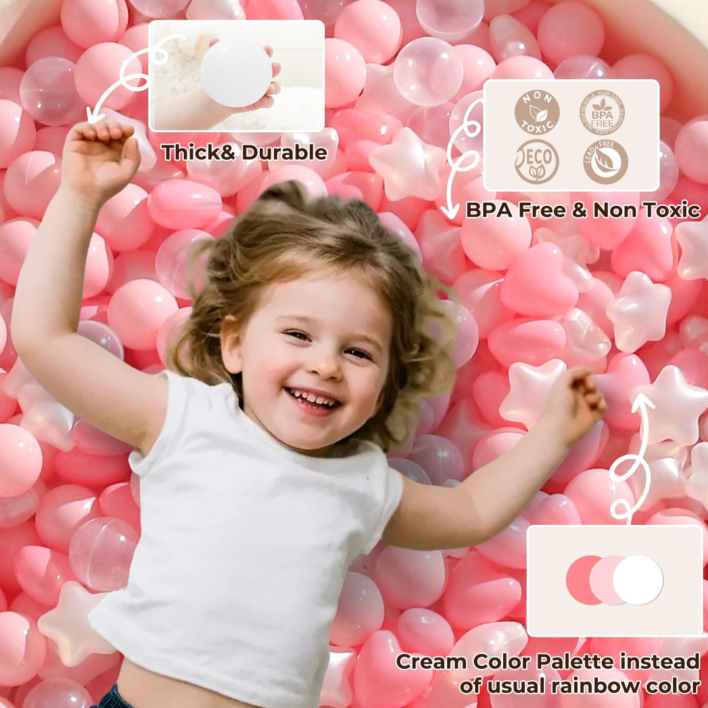 TRENDPLAY Ball Pit Balls – 100 Count, Star & Heart Shapes, Pink/Light Pink/Pearl White/Clear