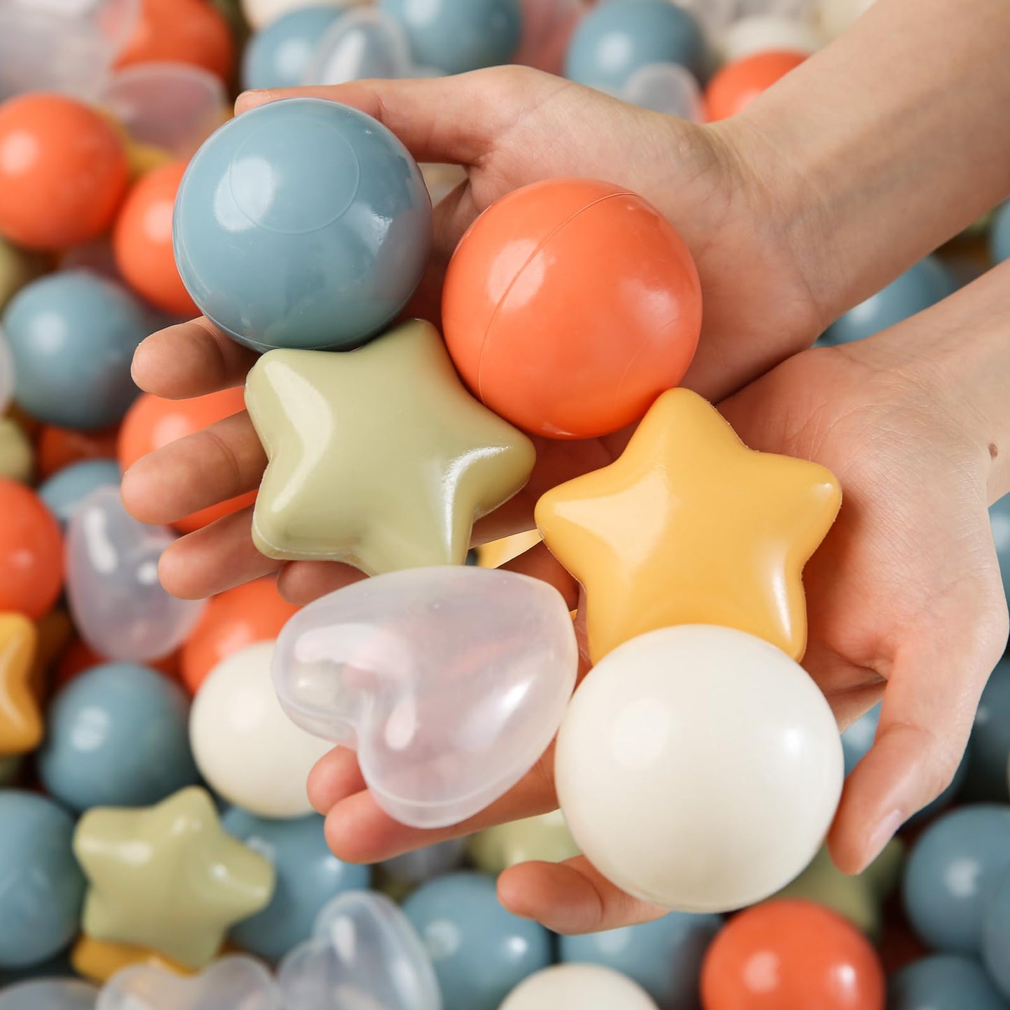 TRENDPLAY Ball Pit Balls – 100 Count Stars & Hearts, 2.5in Stars / 2.2in Balls, Cream Yellow Orange Blue Sage