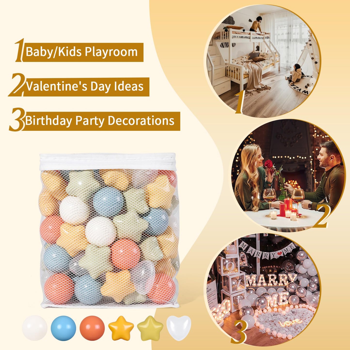 TRENDPLAY Ball Pit Balls – 100 Count Stars & Hearts, 2.5in Stars / 2.2in Balls, Cream Yellow Orange Blue Sage