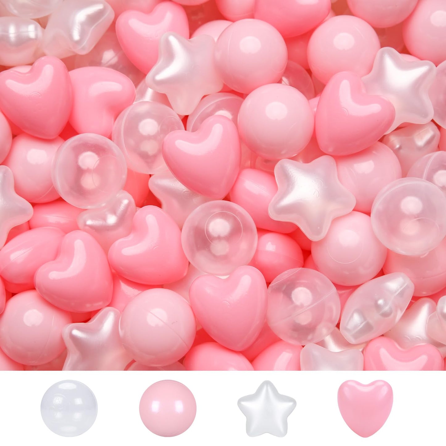 TRENDPLAY Ball Pit Balls – 100 Count, Star & Heart Shapes, Pink/Light Pink/Pearl White/Clear