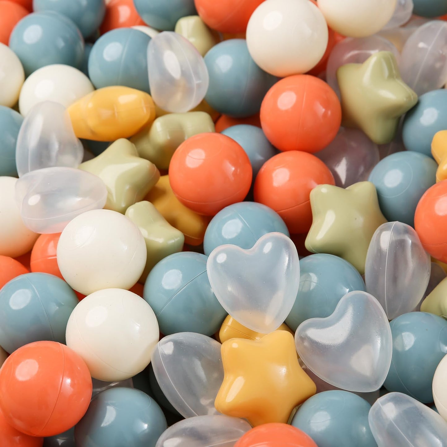 TRENDPLAY Ball Pit Balls – 100 Count Stars & Hearts, 2.5in Stars / 2.2in Balls, Cream Yellow Orange Blue Sage