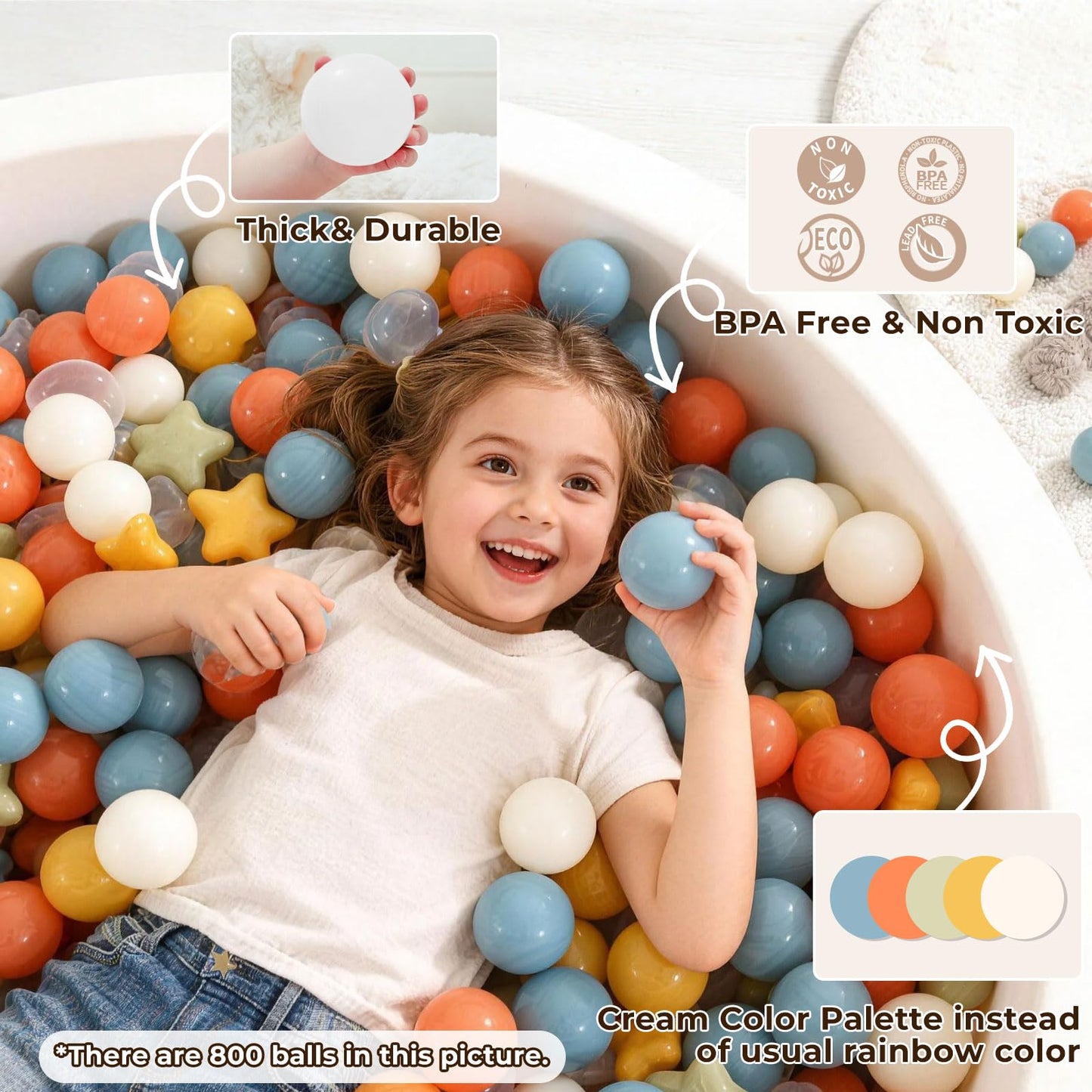 TRENDPLAY Ball Pit Balls – 100 Count Stars & Hearts, 2.5in Stars / 2.2in Balls, Cream Yellow Orange Blue Sage