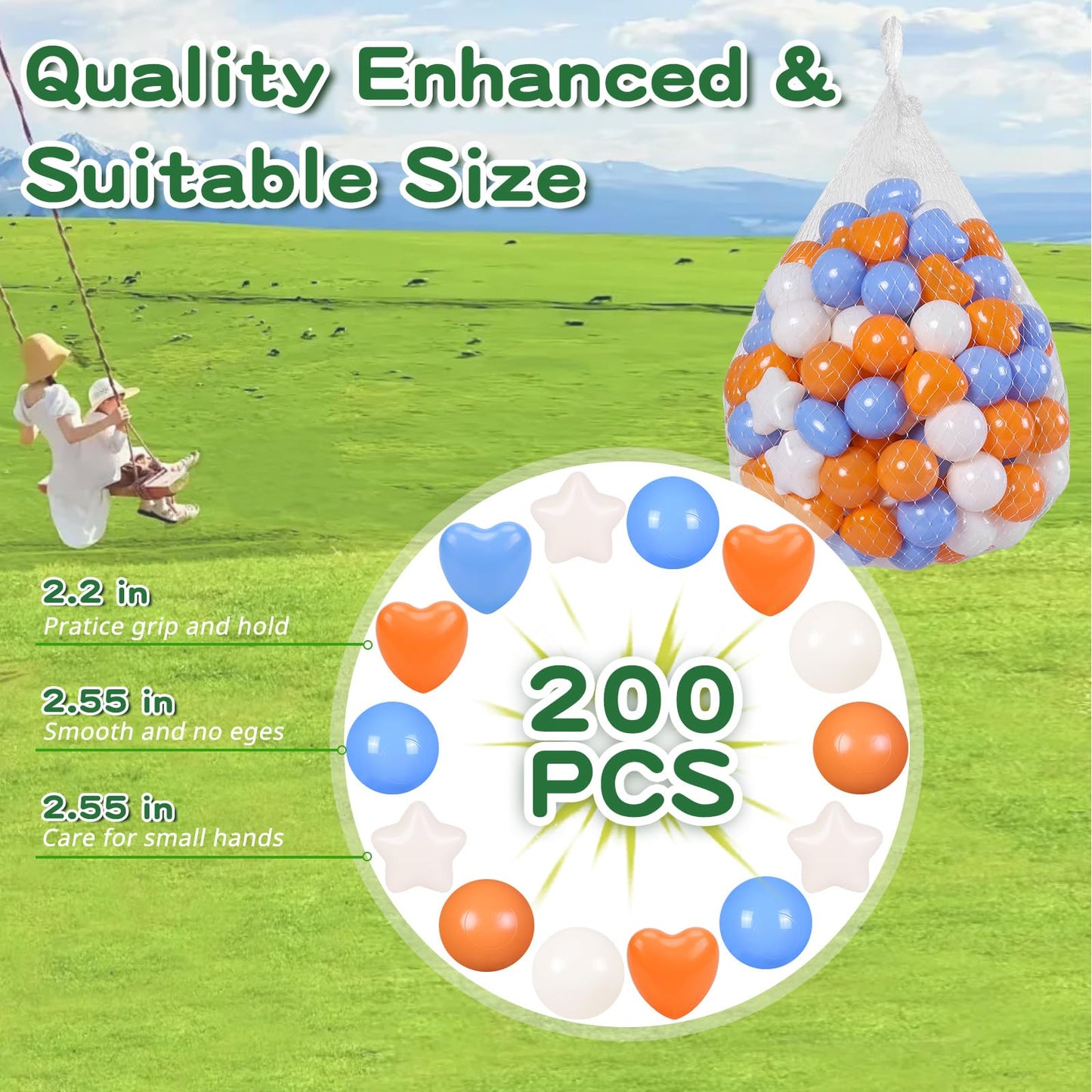TRENDPLAY Ball Pit Balls – 200 Count Stars & Hearts Shapes (Beige, Orange, Blue)