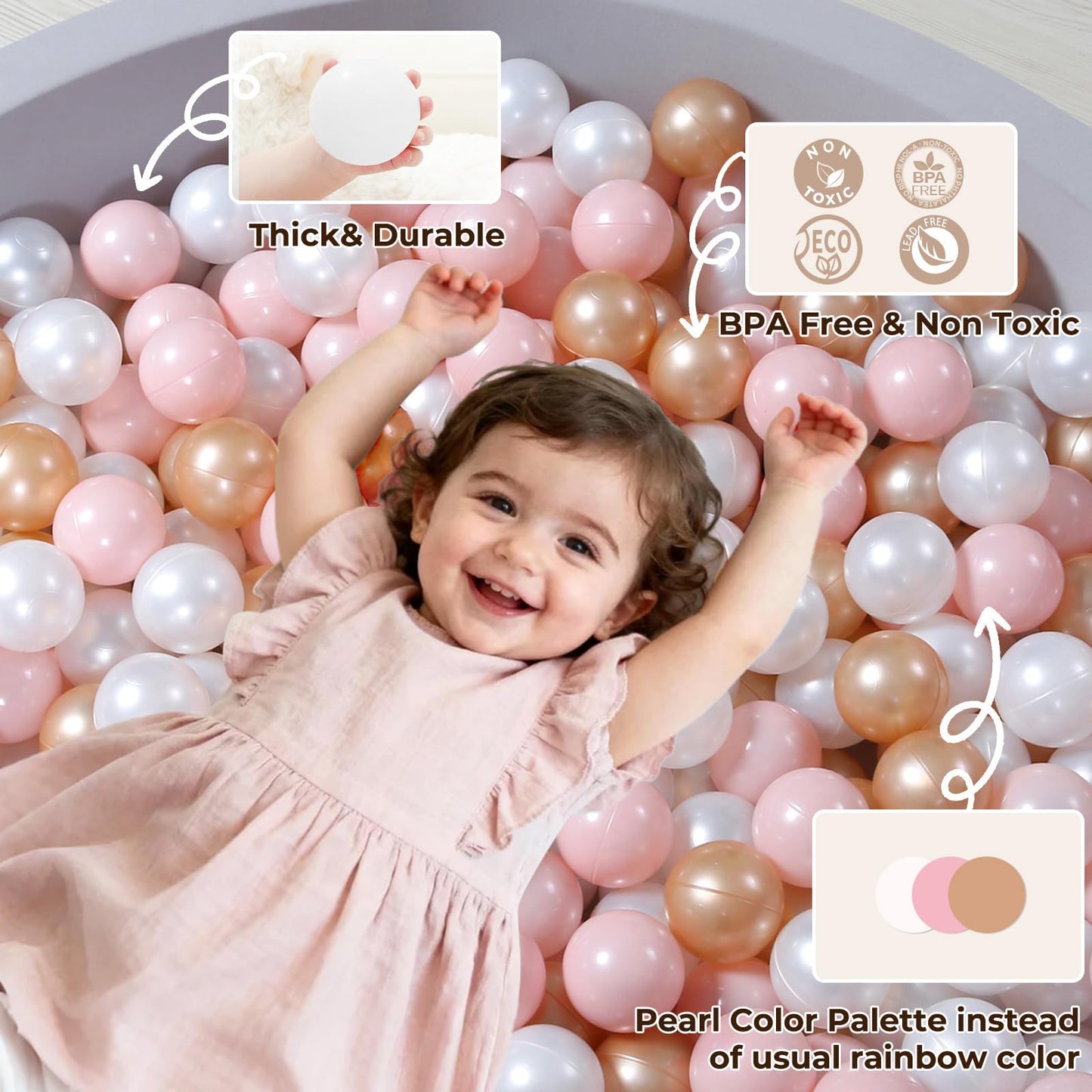 TRENDPLAY 2.2-Inch Plastic Balls – 500-Pack for Ball Pits (Pink, Pearl White & Pearl Brown)