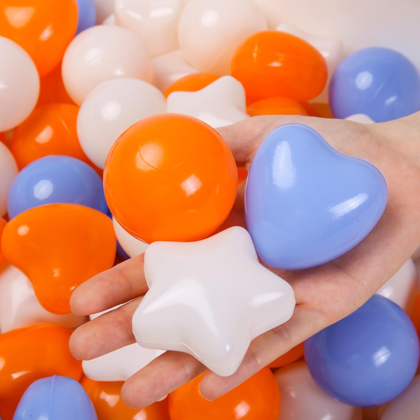 TRENDPLAY Ball Pit Balls – 200 Count Stars & Hearts Shapes (Beige, Orange, Blue)