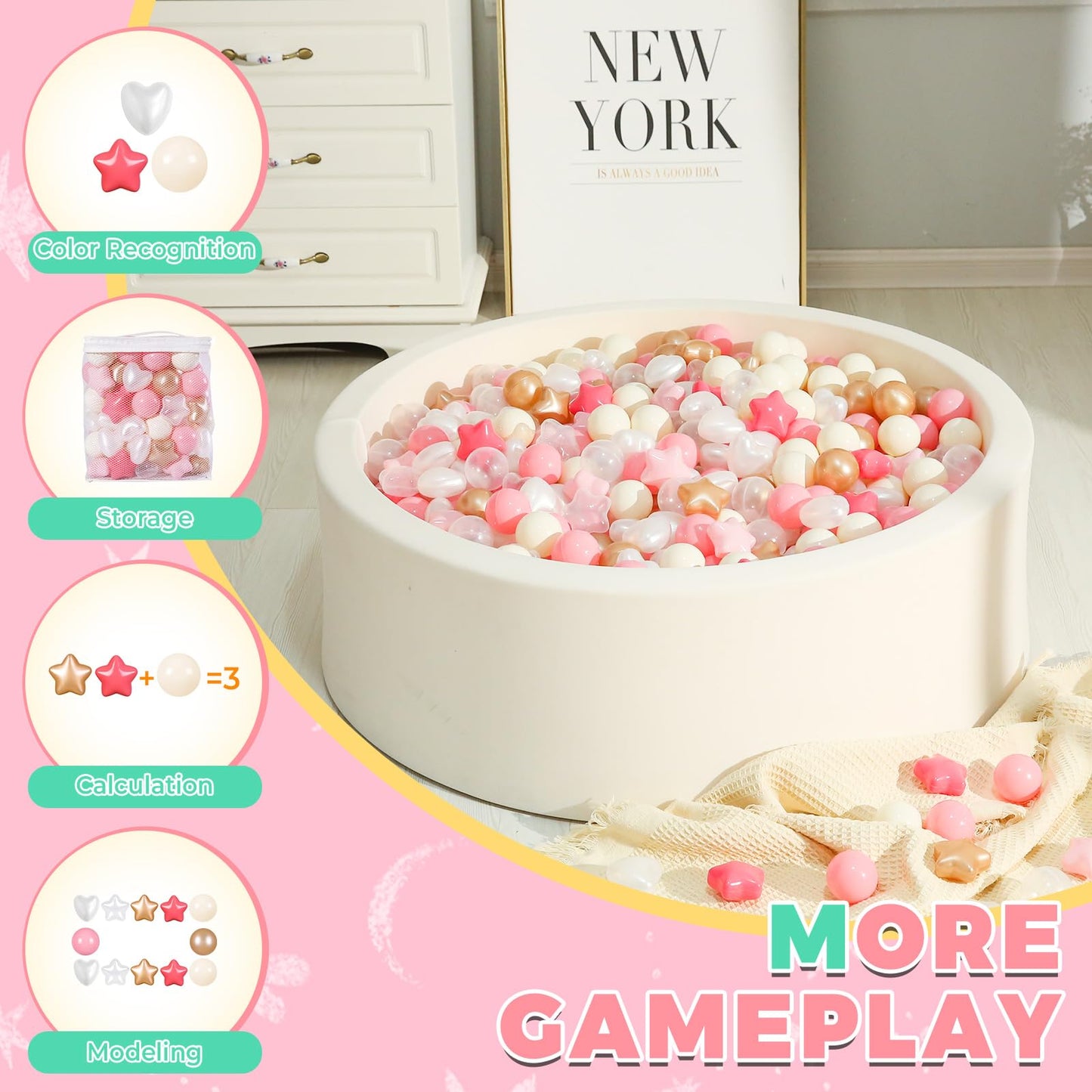 TRENDPLAY Ball Pit Balls – Star & Heart Shapes, 100 Count for Toddlers (Pink/Brown/White)