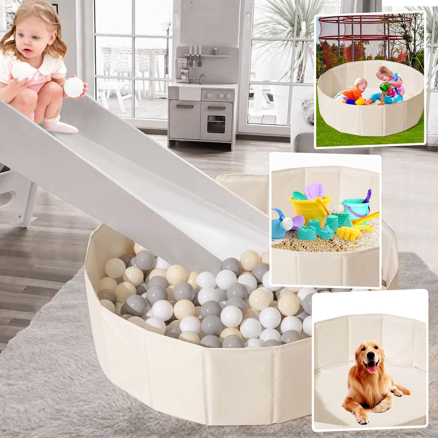 TRENDPLAY 31-Inch Beige Ball Pit for Toddlers, Kids & Pets — Collapsible Play Tent with Storage Bag