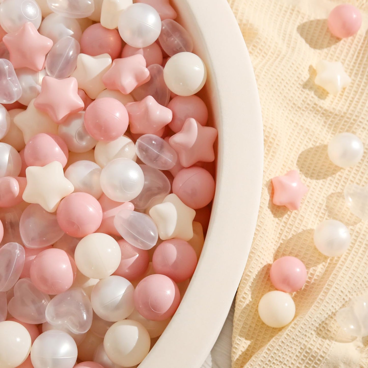 TRENDPLAY Ball Pit Balls – 100 Count Star & Heart Shapes (2.5-inch Star, 2.2-inch Balls) in Pink, Beige & Pearl White