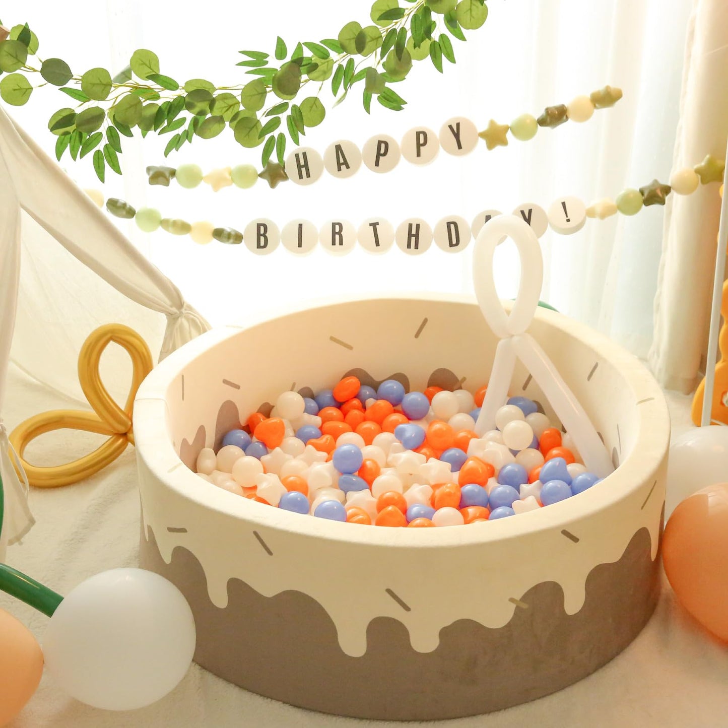 TRENDPLAY Ball Pit Balls – 200 Count Stars & Hearts Shapes (Beige, Orange, Blue)