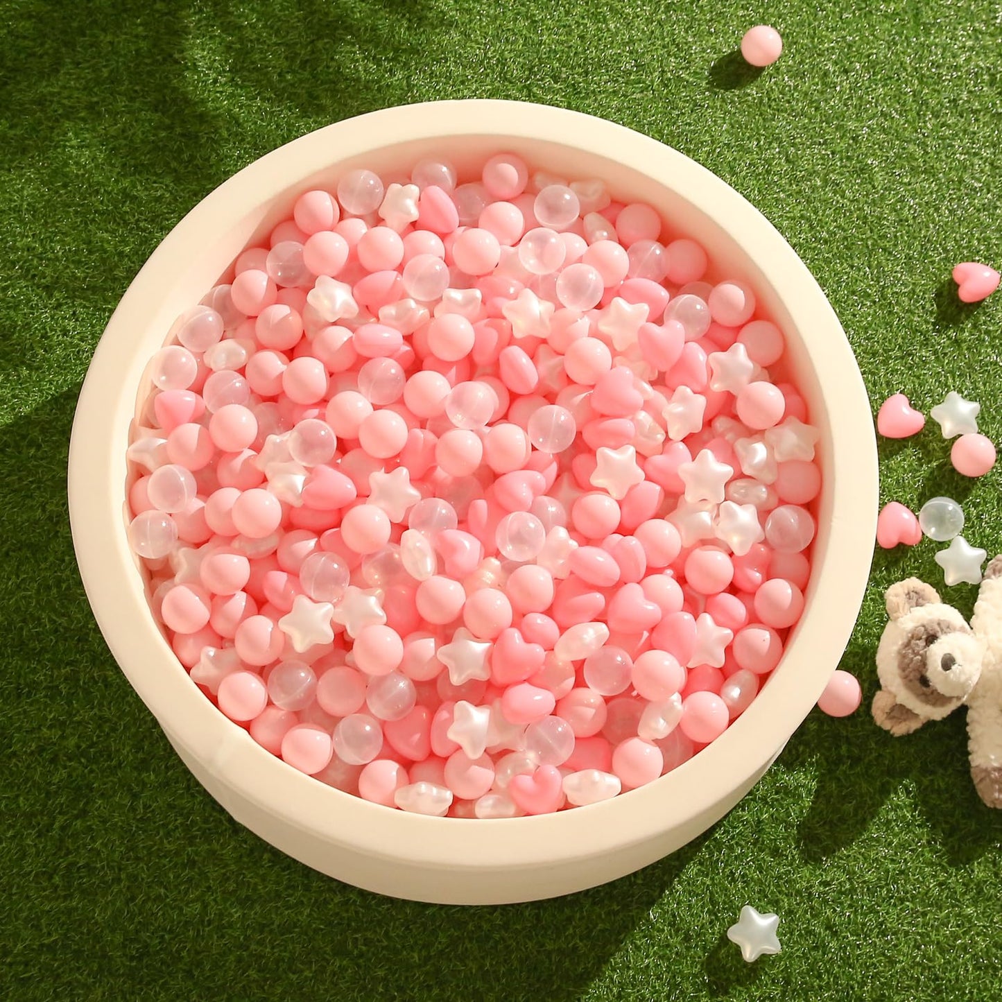 TRENDPLAY Ball Pit Balls – Star & Heart Shapes (200 Count) Pink, Pearl White – Safe, Non-Toxic
