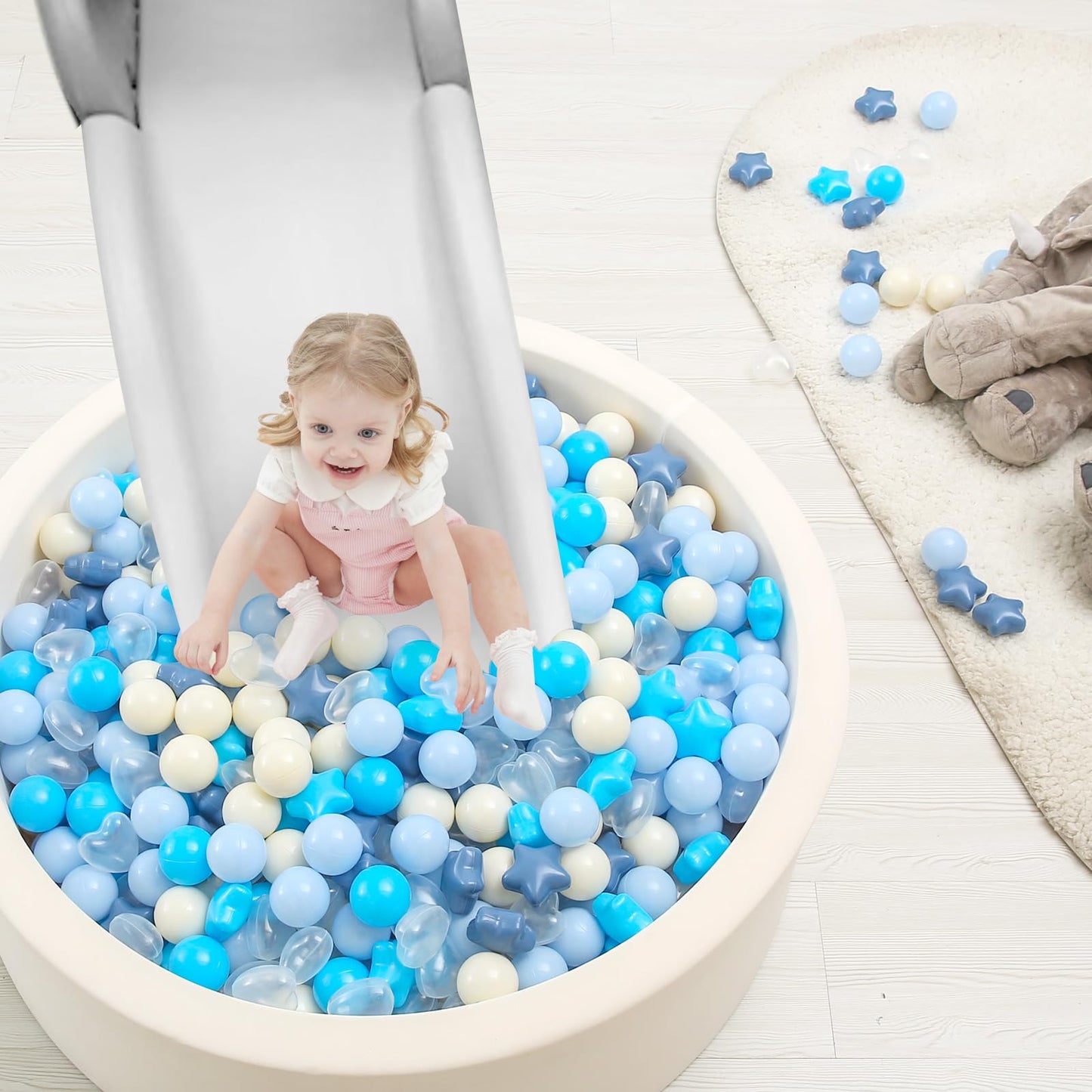 TRENDPLAY Ball Pit Balls – 100 Count, Star & Heart Shapes, Cream-Blue-White